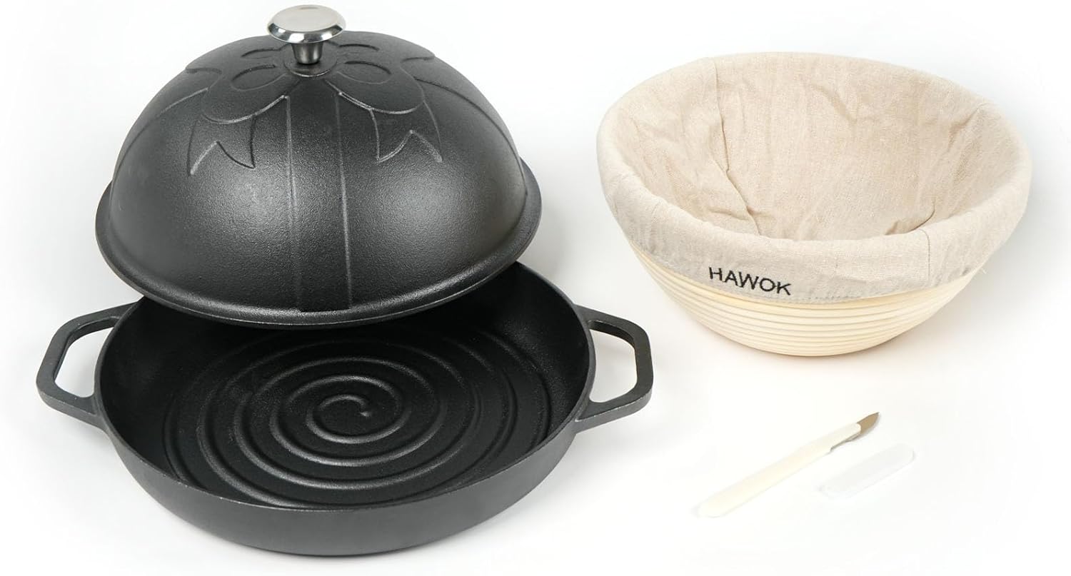 HAWOK Cast Iron Bread Oven with Cloche Lid, Dia. 11.8inch/30cm, 2qt, with Proofing Basket Dough Scoring Knife, Sourdough Baking Pan Pre-seasoned Black