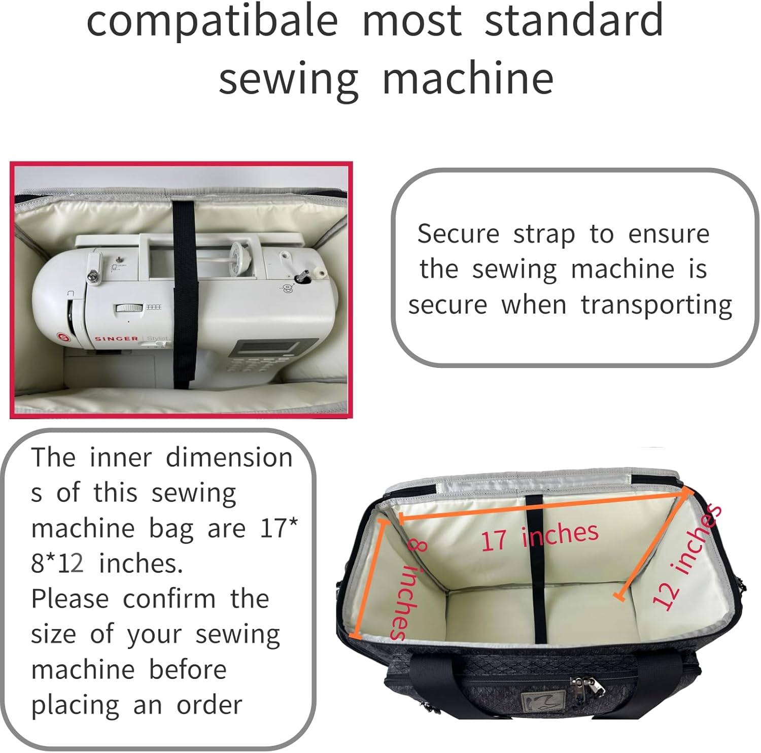 Rolling Sewing Machine Bag with Five 360-Degree Rotating Wheels,Sewing Machine Carrying Case Fits for Most Standard Sewing Machines,YKK zipper,Hard Bottom Pad (Black)