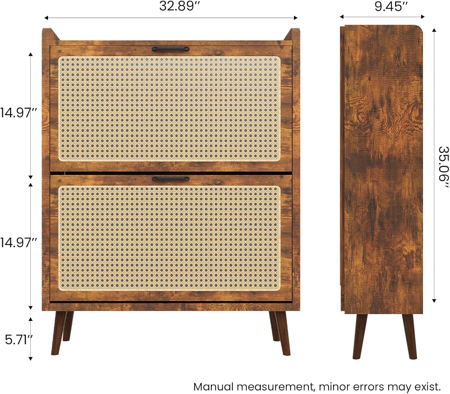 Shoe Cabinet Storage Entryway: Narrow 2 Tier Flip Drawer Shoe Storage for Hallway and Entrance - Rattan Slim Organizer with Walnut Wooden Legs & Mental Handles