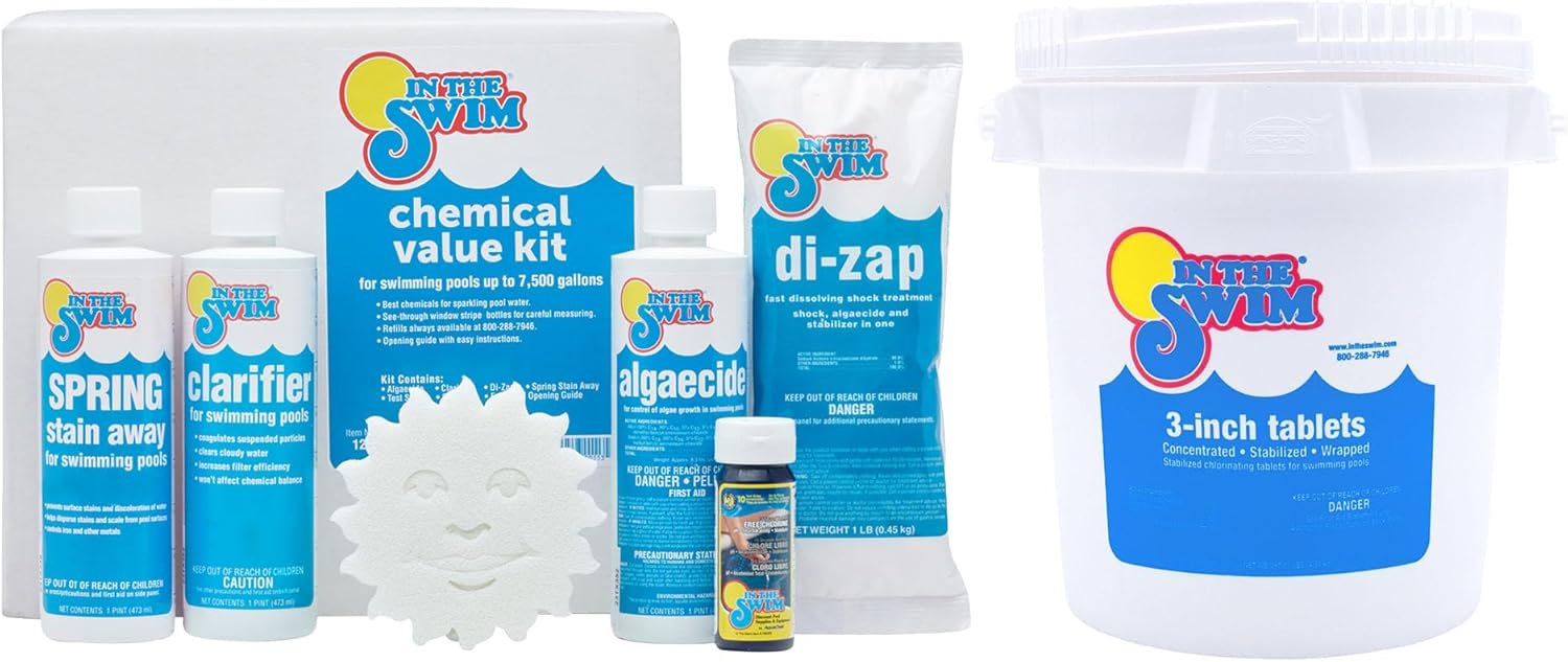 In The Swim Ultimate Chemical Value Kit and Chlorine Bundle - Pre-Measured Kit for Seasonal Maintenance - 50lb Bucket 3-Inch Chlorine Tablets - Inground and Above Ground Pools Up to 35K Gallons