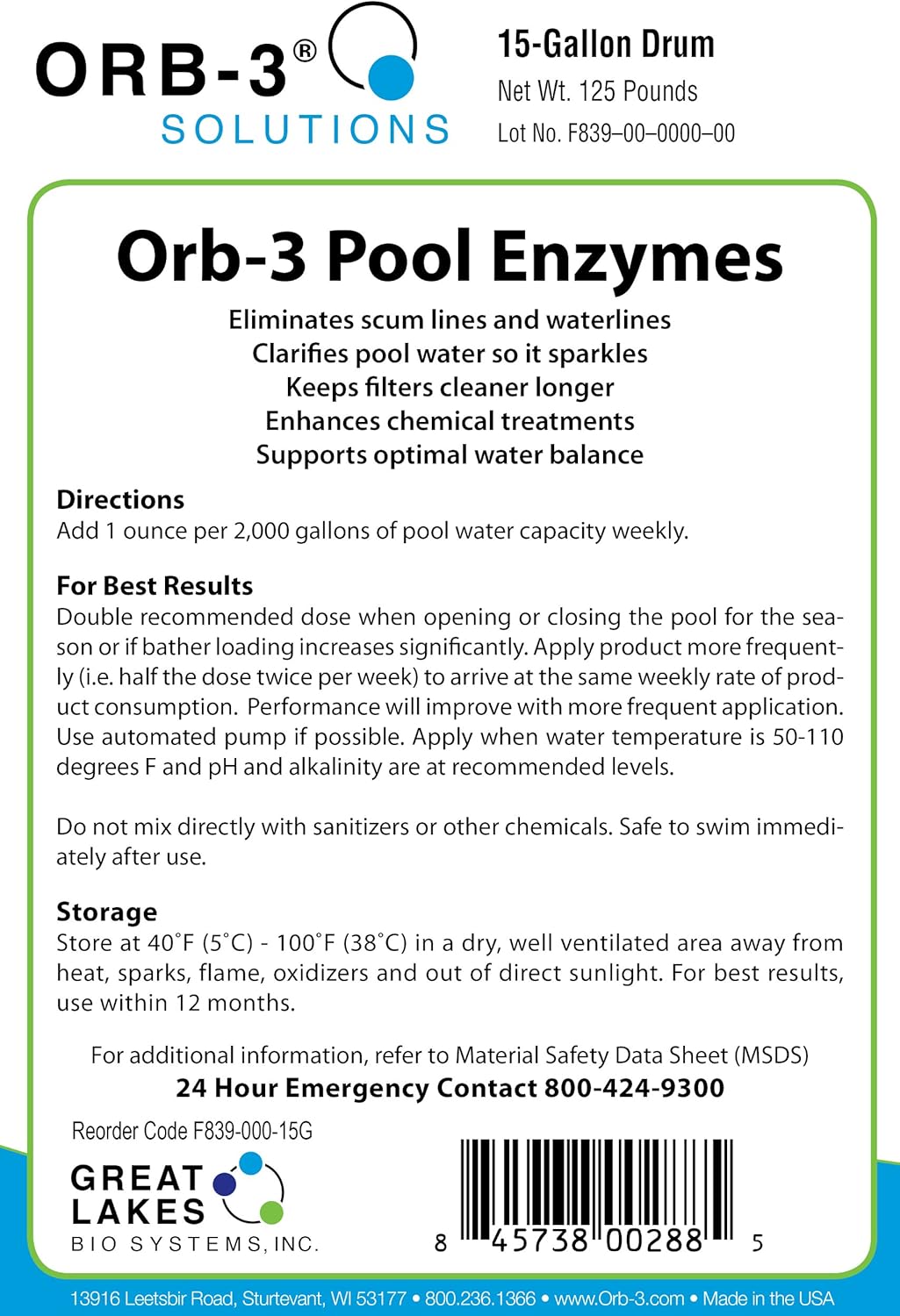 Orb-3 F839-000-15G Pool Enzymes for Maintenance, 15-Gallon Drum