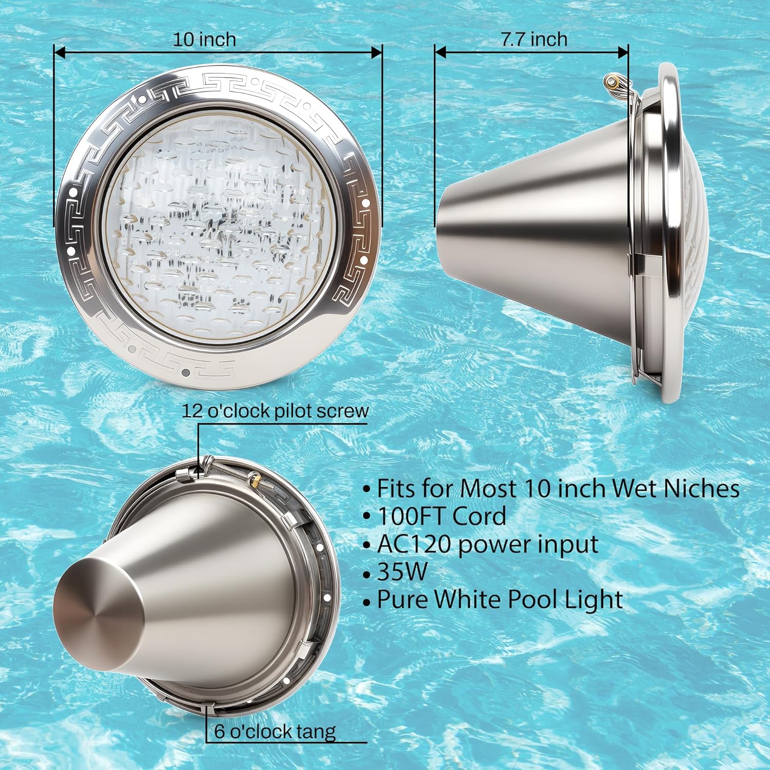 LED Pool Lights for Inground Pools, 120V Pool Lights White, 10 Inch Inground Pool Light 120v Suitable for 10 Inch Wet Niche, Underwater Pool Light, 35W, 100 Foot Cord