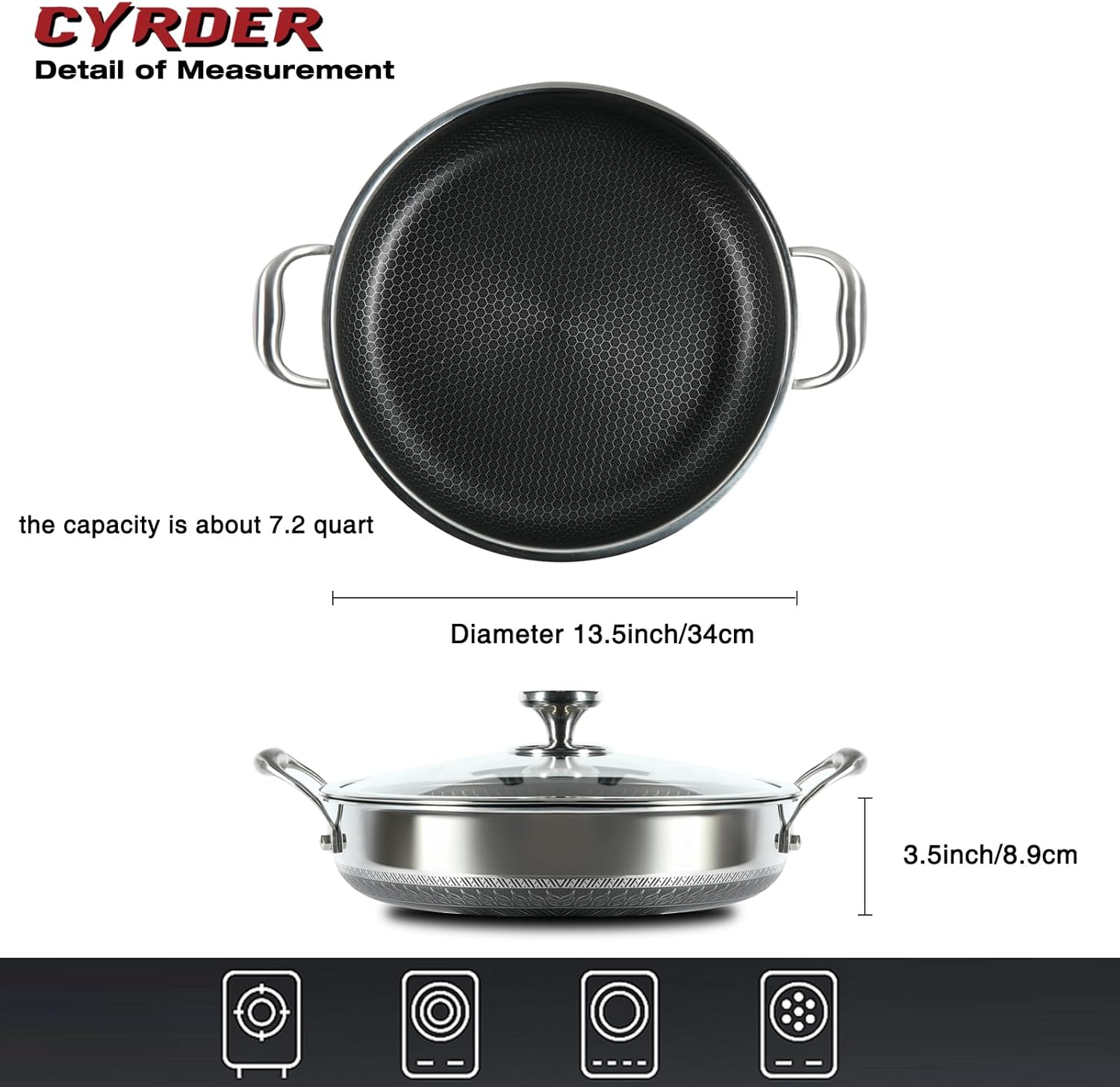 Large Hybrid Nonstick Deep Frying Pan-13inch 316L Stainless Steel Sauté Pan and Lid, Two Handle Hold, PFOA Free, Dishwasher Oven Safe, Cookware to Stir fry/Toast/Roast/Bake/Stew, 7.2-Quart