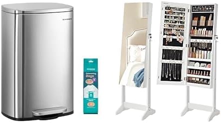 SONGMICS 13 Gallon (50 L) Trash Can, Jewelry Cabinet Armoire with 2 Plastic Cosmetic Storage, ULTB050E01 and UJJC002W01