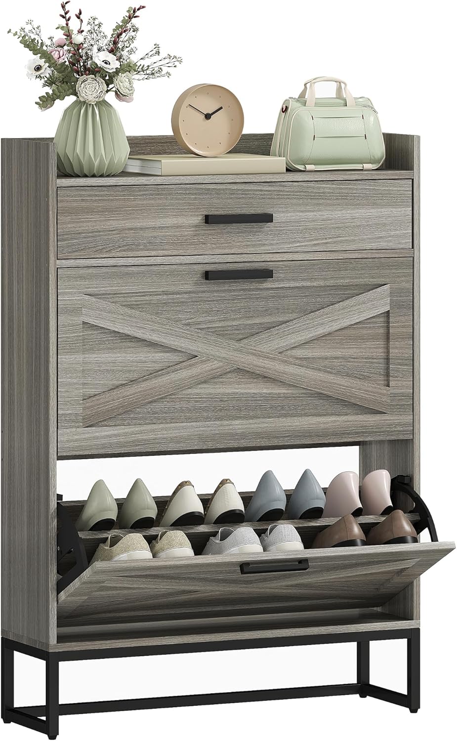 HOMCOM Narrow Shoe Storage Cabinet, 12 Pairs Farmhouse Shoe Organizer with 2 Flip Drawers, Adjustable Shelves, and Top Drawer for Entryway, Hallway, Distressed Gray