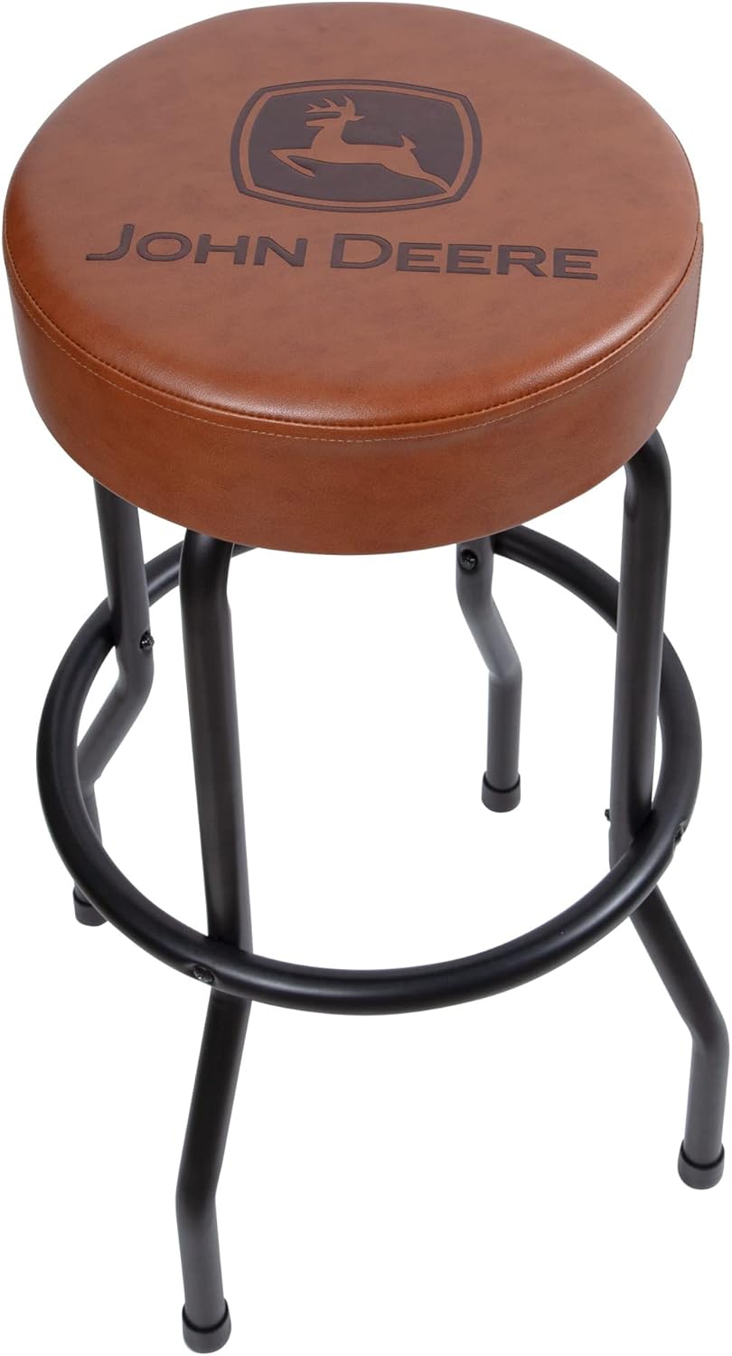 Plasticolor 004806R01 John Deere Tan Embossed Logo on Brown Garage and Game Room Stool with Black Legs