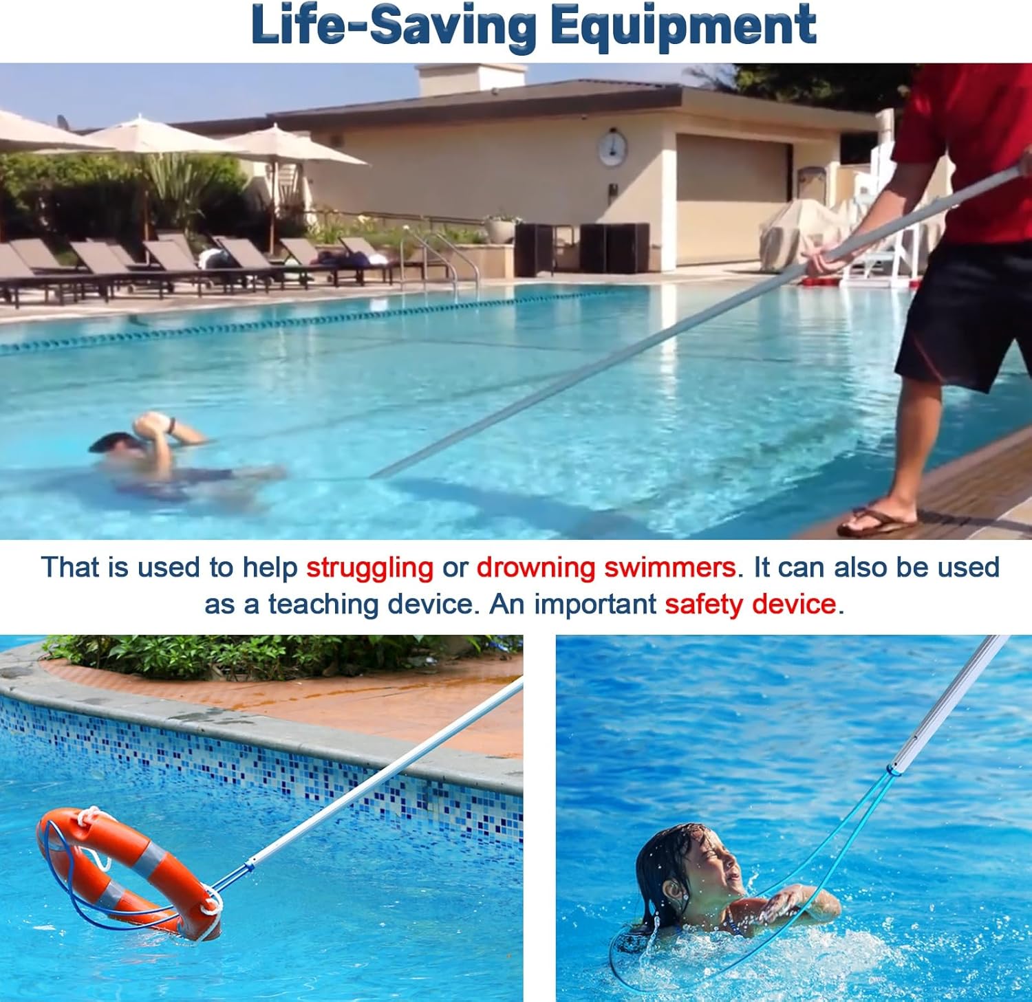 Swimming Pool Safety Hook Pool Pole, 1 M/3.3 Ft, 3 M/9.8 Ft, 5 M/16.4 Ft Long Telescopic Life-Saving Tool Equipment, for Help Struggling, Drowning Swimmers(Pole L-3 M/9.8 FT/118 in)
