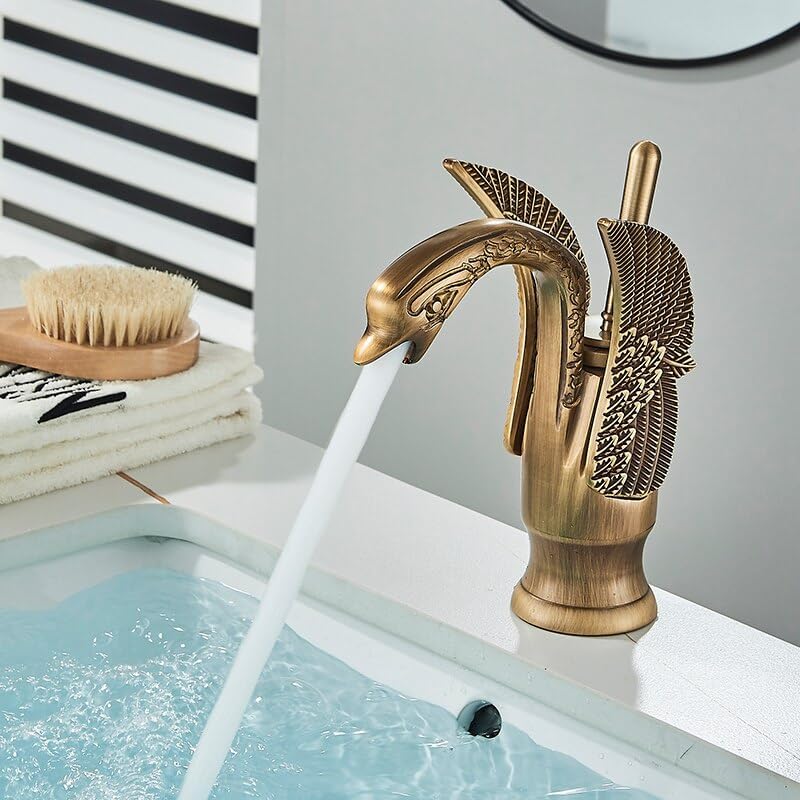 Luxury Swan Bathroom Basin Faucet Brass Deck Mount Creative Tap Single Hole Hot Cold Water Mixer Washing Sink Crane(Antique Brass Short)