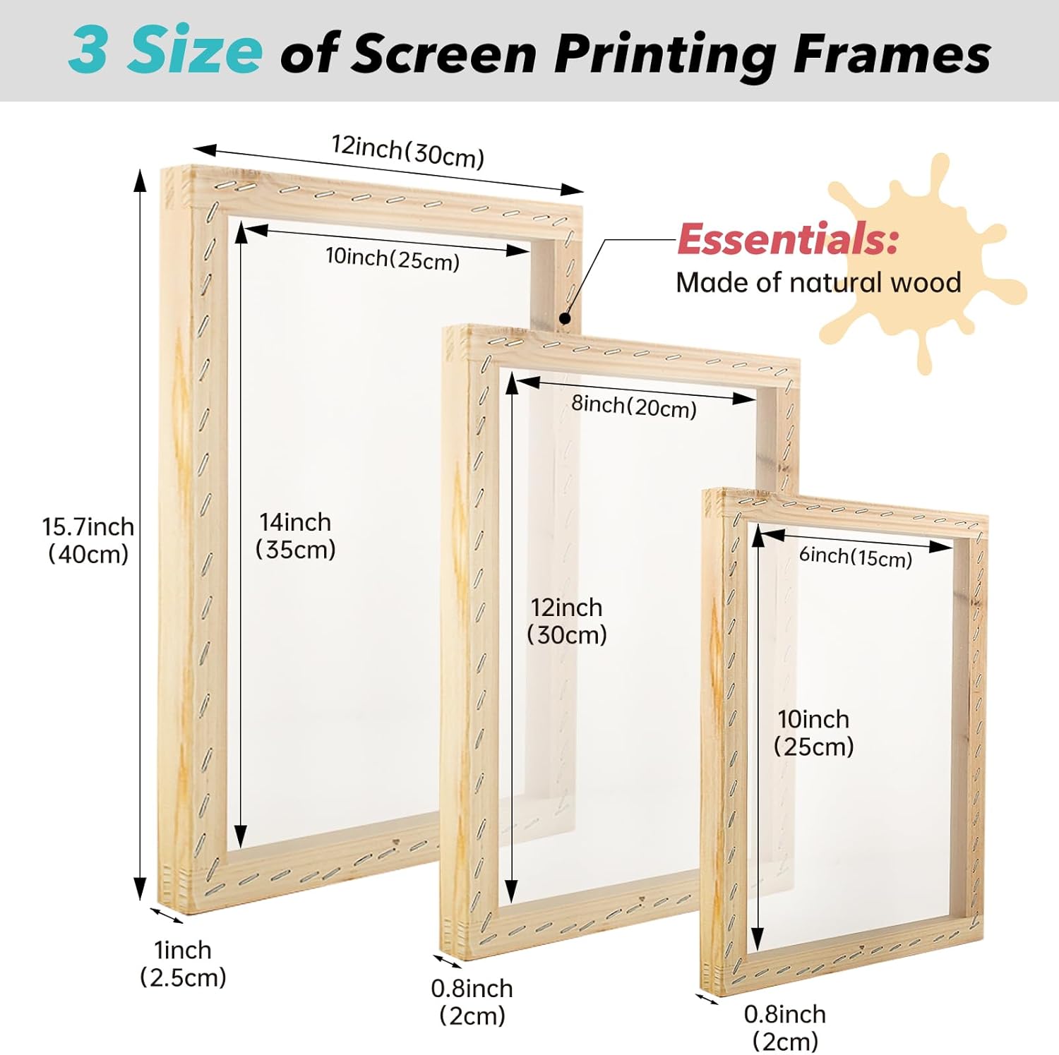 Ecoofor 49pcs All-in-One Screen Printing Kit with, 3 Size Wood Screen Printing Frames, 6 Colors Screen Printing Ink,10 A4 Size Inkjet Transparency Films
