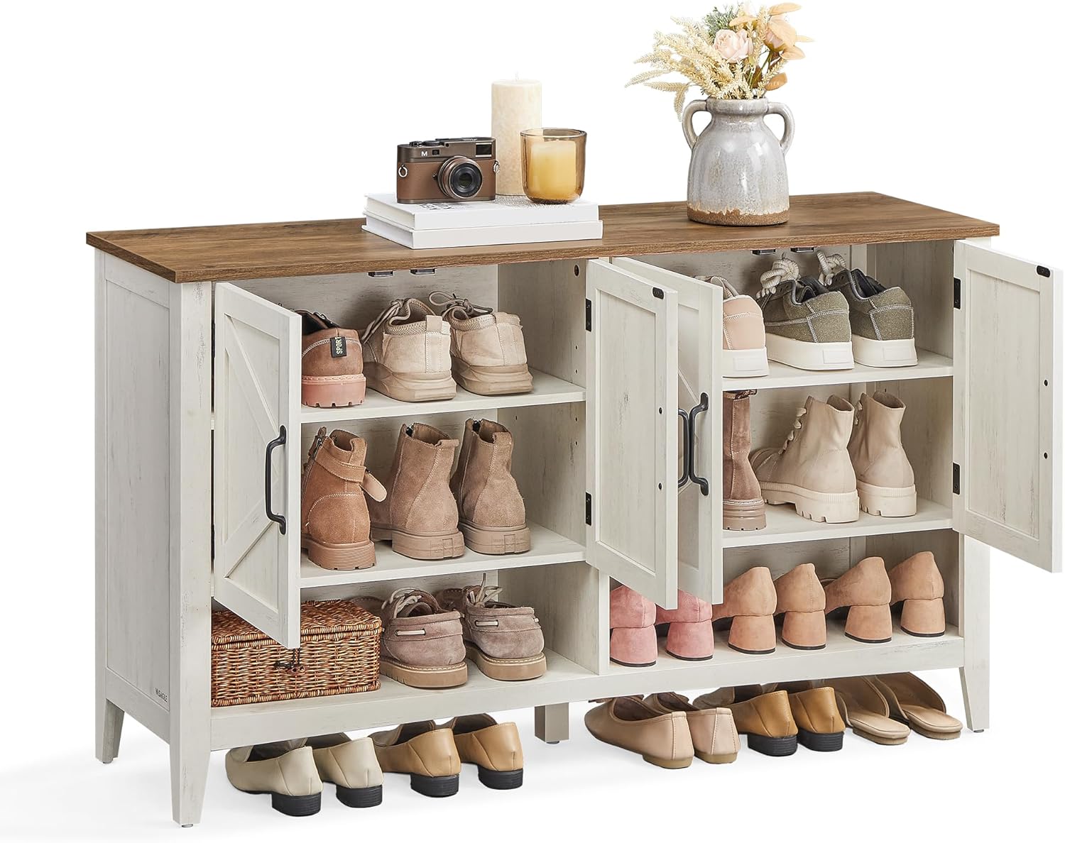 VASAGLE Shoe Cabinet, 3-Tier Shoe Storage Organizer, Farmhouse Freestanding Cabinet with Height-Adjustable Shelf, 13.8 x 47.2 x 27.6 Inches, Entryway, Rustic White ULBC039W01