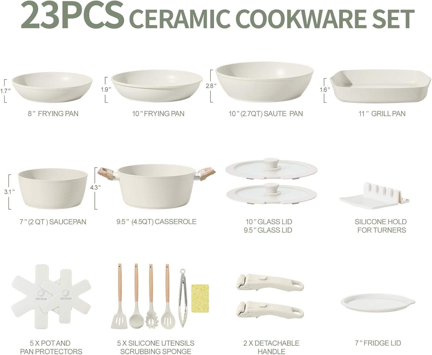 23pcs Ceramic Pots and Pans Set, Nonstick Detachable Handle Cookware, Induction Kitchen Cooking Set with Removable Handle,include Frying Pans & Saucepans Oven Safe, Induction, Stackable Set