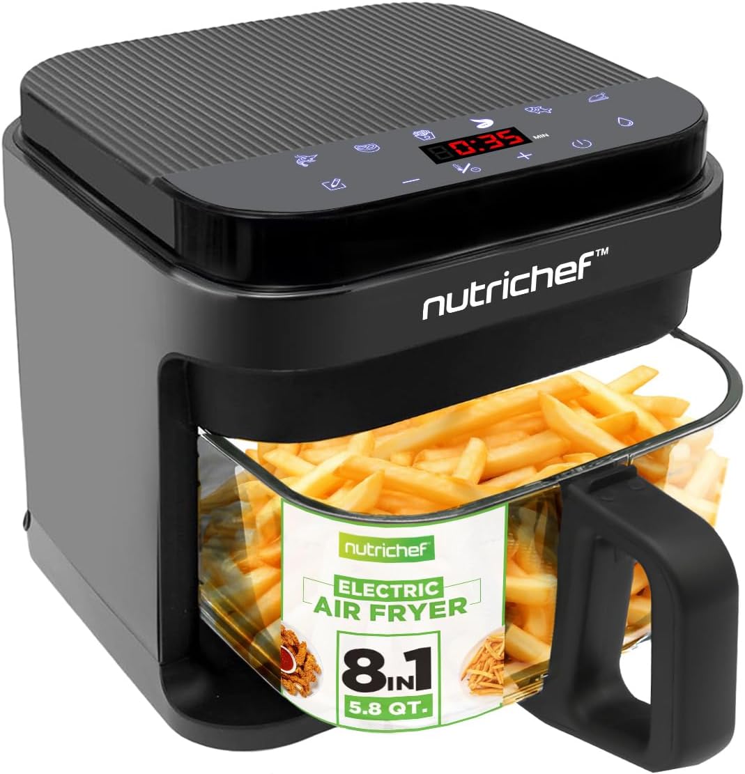 Nutrichef 5.8 Quart Air Fryer | 8-1 Preset Cook Modes | Transparent Fry Bowl for Best Cooking Results | Cook Shrimp, Steak, Fries, Wings, Chicken & More | Precise Temperature Control & Time | Grey
