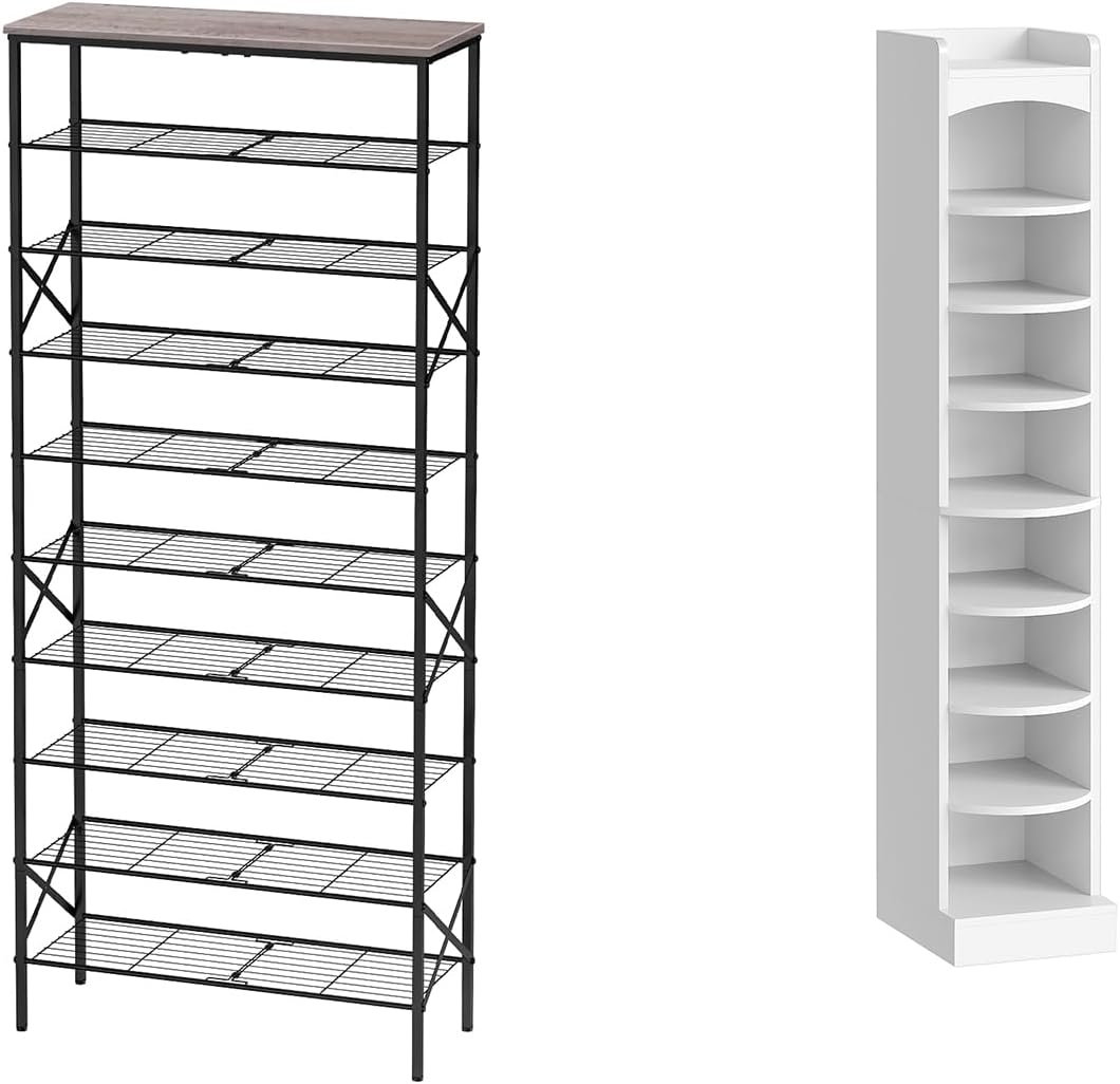 10 Tier Shoe Rack, Large Capacity Shoe Storage Organizer Holds 40 Pairs, 9-Tier Tall Shoe Rack, Wooden Shoe Storage Organizer, SS10BG-SS02WT