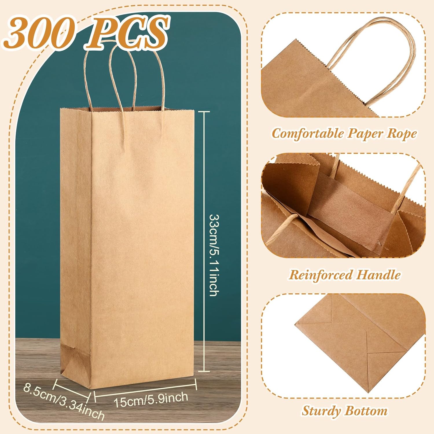 Yexiya 300 Pcs Paper Wine Bags Bulk with Handle Wine Kraft Bags for Bottles Gifts Wedding Christmas Birthday Housewarming Party (6 x 3 x 13 Inch,Kraft)