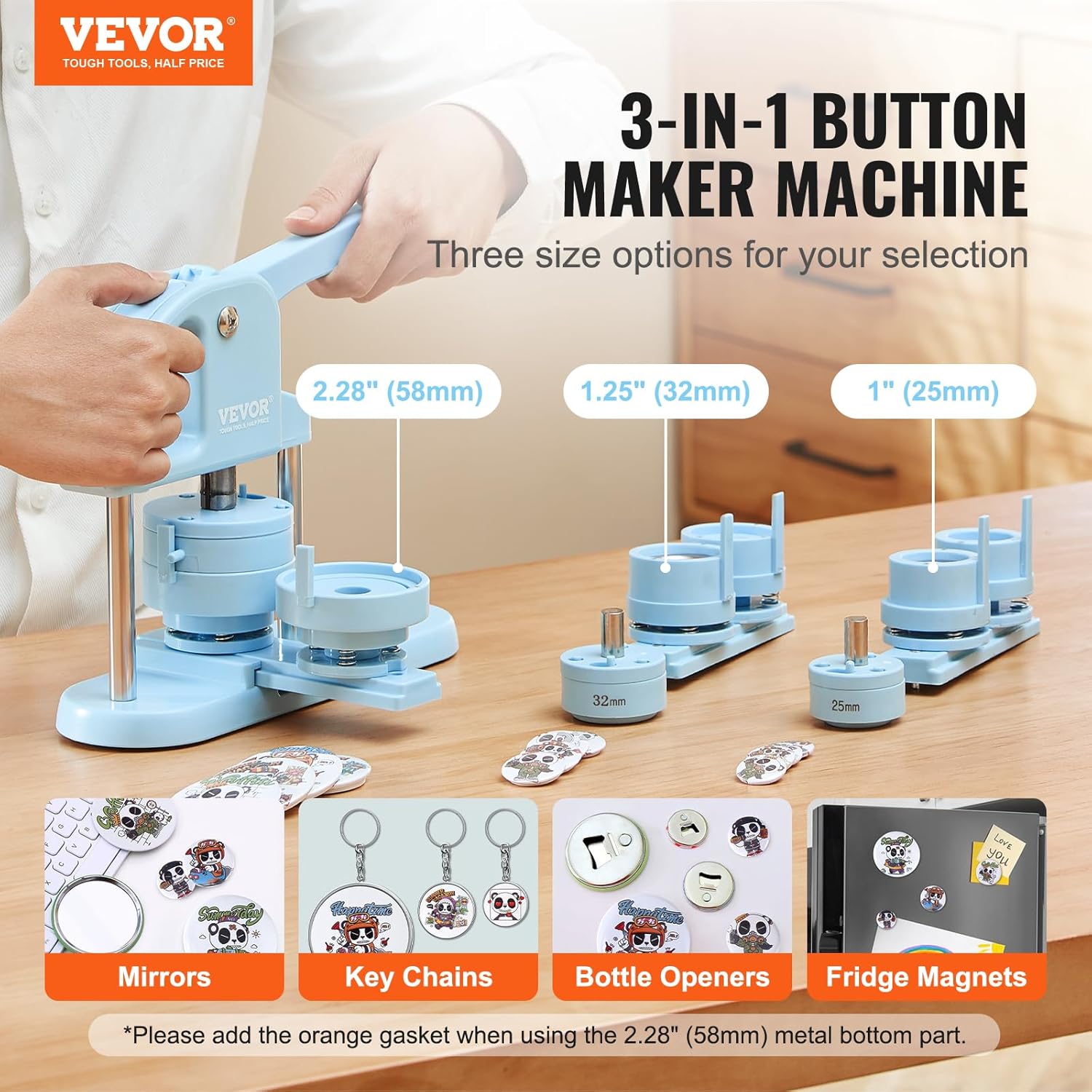 VEVOR Button Maker, 1/1.25/2.28 inch(25/32/58mm) 3-in-1 Pin Maker, 300pcs Button Parts, Ergonomic Arc Handle Punch Press Kit, Button Maker Machine with Panda Magic Book, for Children DIY Gifts, Blue