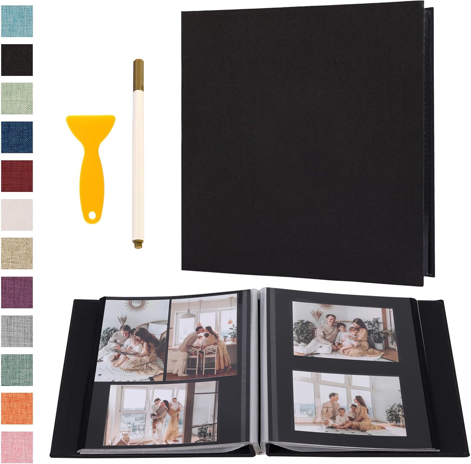 Photo Album Self Adhesive Pages Black Sticky Pages Large Scrapbook Linen Cover for 4x6 5x7 8x10 Pictures Album de Fotos Wedding Couples Baby Family Memory Book, 13.2x12.8 Black 120 Pages