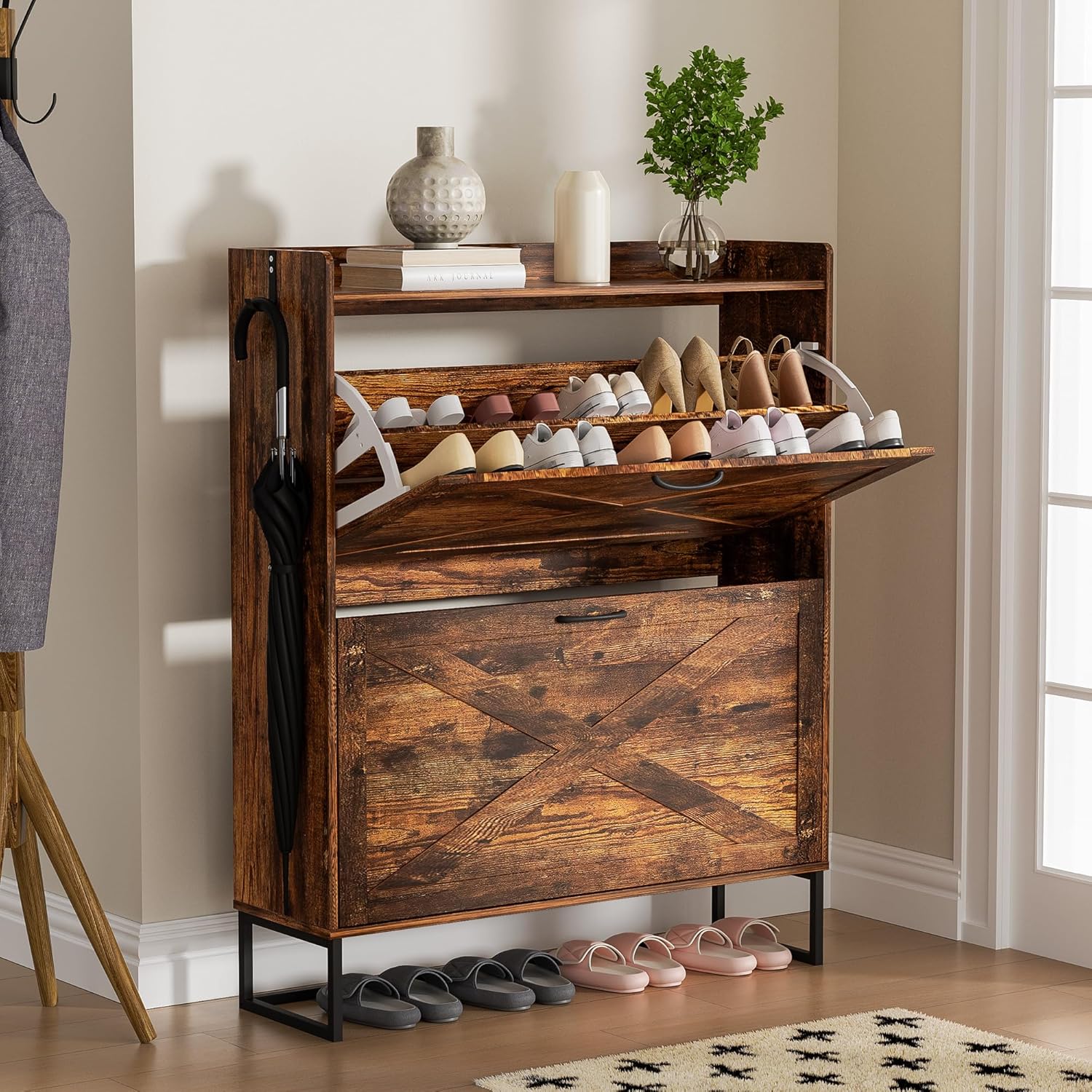 Shoe Cabinet with 2 Flip Drawers, Freestanding Shoe Organizer with Removable Hooks, Narrow Shoe Rack Cabinet for Entryway, Hallway, Living Room, White