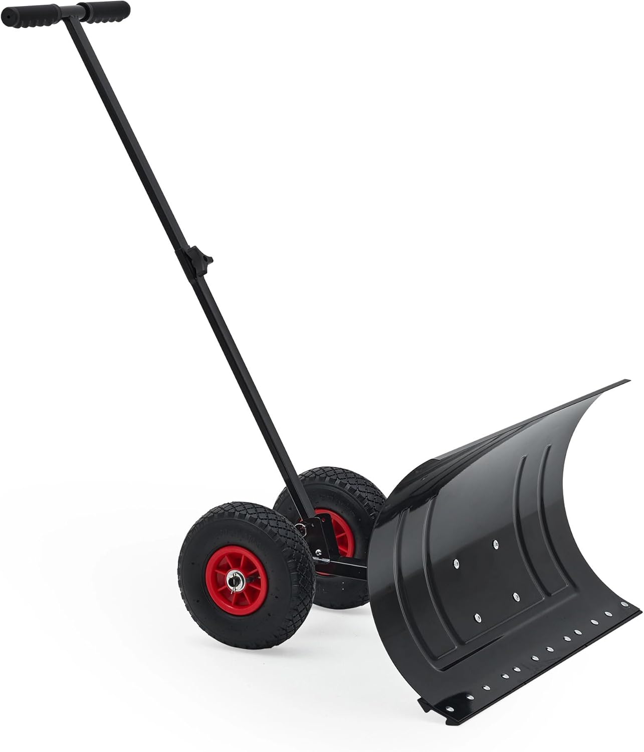 17in H × 29 in W Metal Snow Shovel with Wheels, Ergonomic Snow Pusher Shovel with Adjustable Angle Height Handle, Heavy Duty Snow Pusher for Driveway & Sidewalk Snow Removal