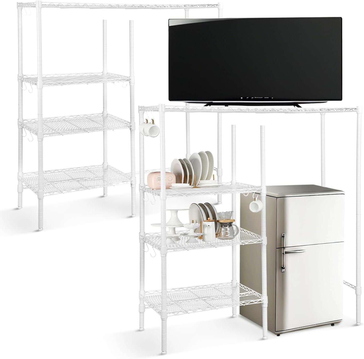 Huwena Mini Fridge Stand with Storage Shelf for Dorm 4 Tier Mini Microwave Stand Baker Rack Adjustable Height over Fridge Storage Organizer with Hook for College Dorm Kitchen Office Coffee Bar (White)