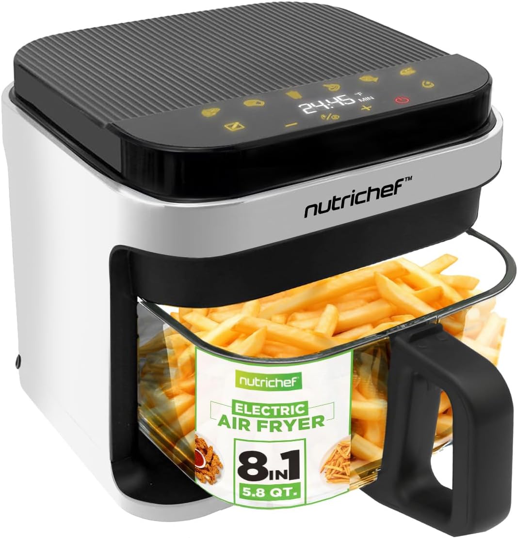 Nutrichef 5.8 Quart Air Fryer | 8-1 Preset Cook Modes | Transparent Fry Bowl for Best Cooking Results | Cook Shrimp, Steak, Fries, Wings, Chicken & More | Precise Temperature Control & Time | Grey