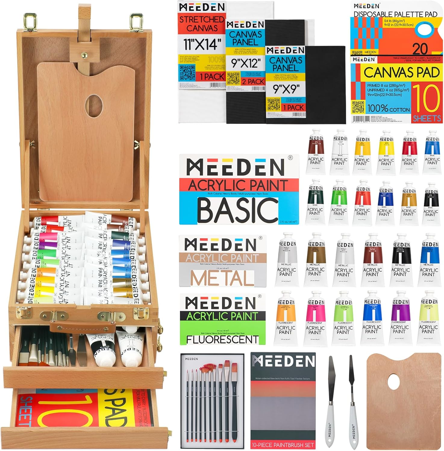 MEEDEN Acrylic Painting Set with Easel: 44 Pcs Art Supplies Painting Kit with Tabletop Box Easel for Adults - 24 Acrylic Paints, Paintbrushes, Canvas, Palettes & Accessories