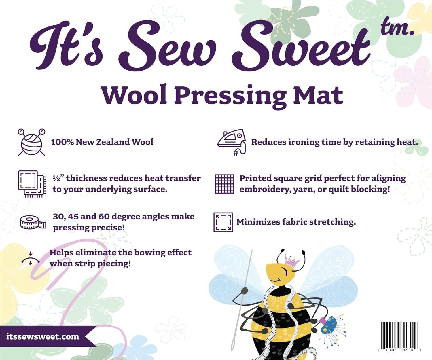 It's Sew Sweet Grid Printed Wool Pressing Mat 22 inches x 60 inches and 1/2 inch Thickness