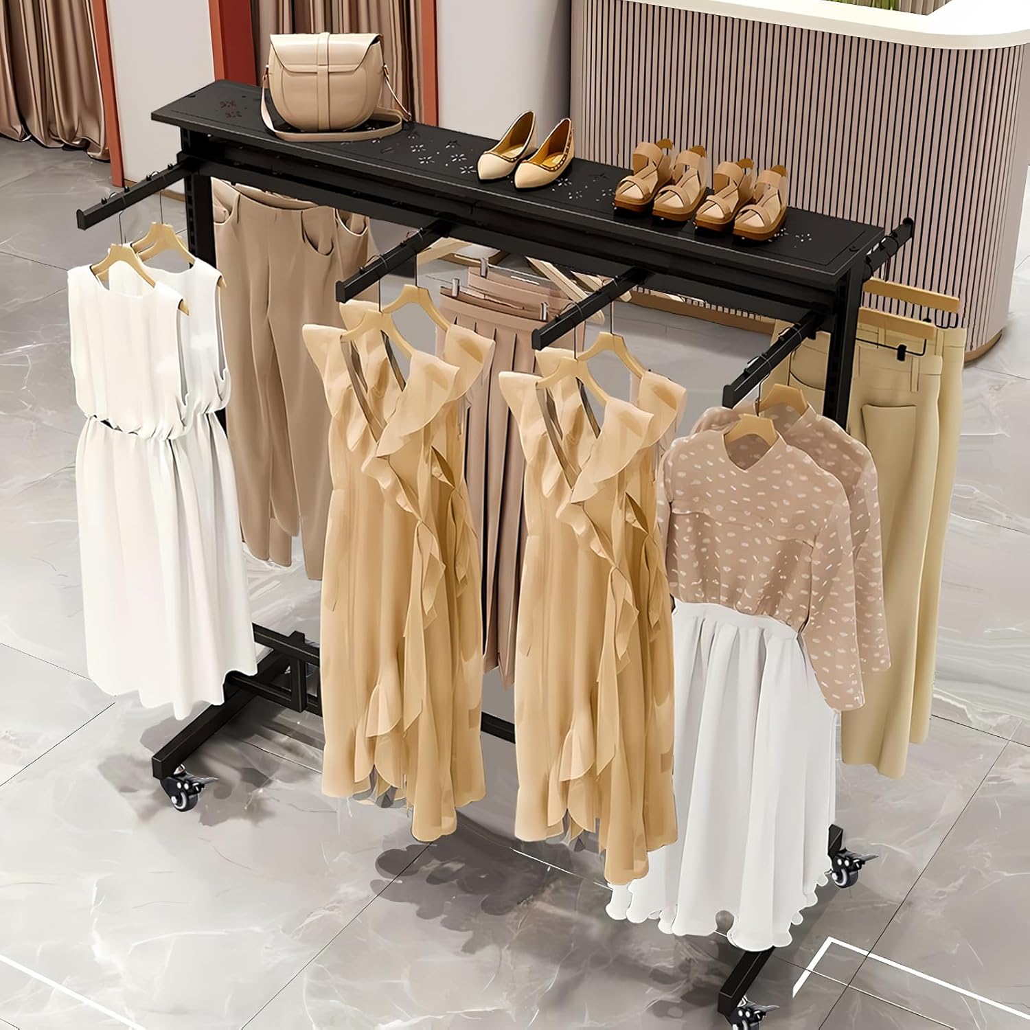 Clothing Rack with adjustable 8 Arms, Garment Rack Display Stand with Wheels and Shelf, Metal Clothes Hanger with Double Rod, Large Boutique Retail Stores Storage (Black, 59 * 19.6 * 61.02in)