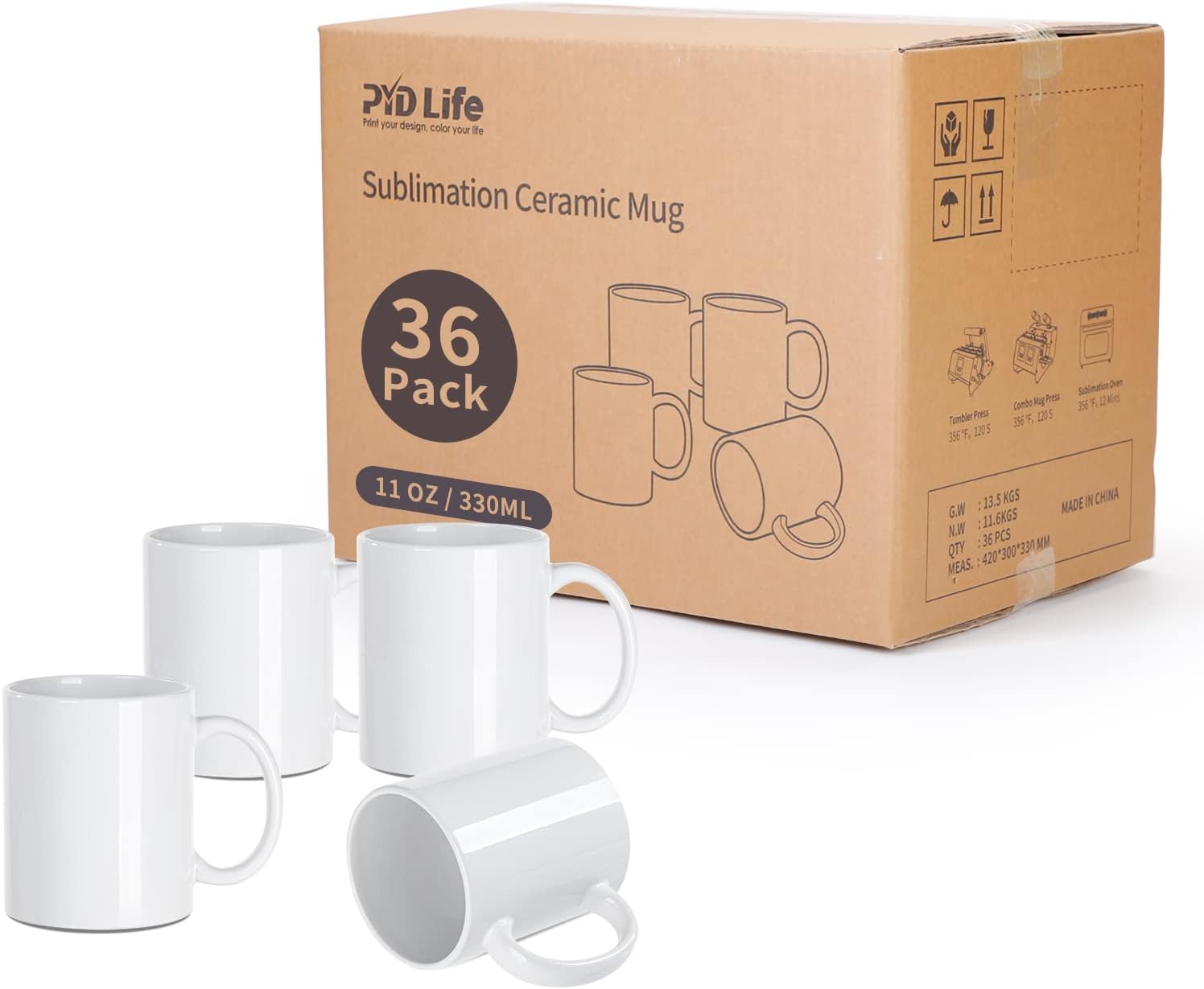 PYD Life Sublimation Mugs Blank 11 OZ Bulk Coffee Mugs White Ceramic Photo Cups Wholesale for Cricut Mug Press Tumbler Heat Press Print 36 Pack…