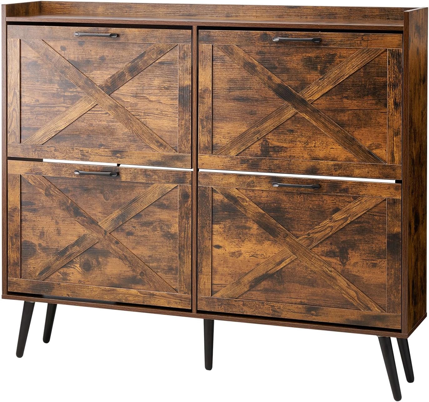 VEVOR Shoe Cabinet with 4 Flip Drawers, Farmhouse Shoes Storage Cabinet with Wood Legs and Anti-Tipping Device, Freestanding Shoe Organizer Ideal for Entryway, Hallway, Bedroom, Living Room, Brown