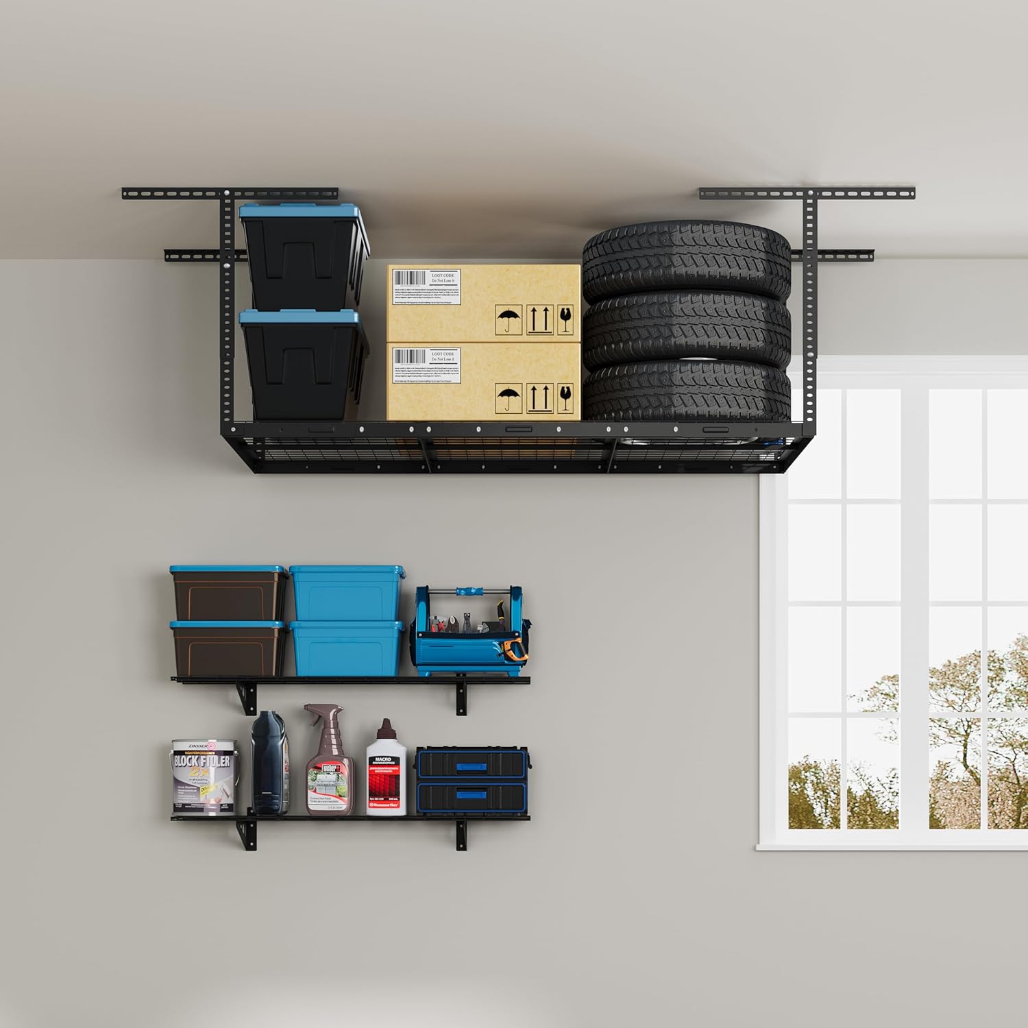 FLEXIMOUNTS 3x6 Overhead Garage Storage Adjustable Ceiling Storage Rack with 2-Pack 1x4ft 12-inch-by-48-inch Wall Shelf, 450lbs+300lbs Capacity, Black