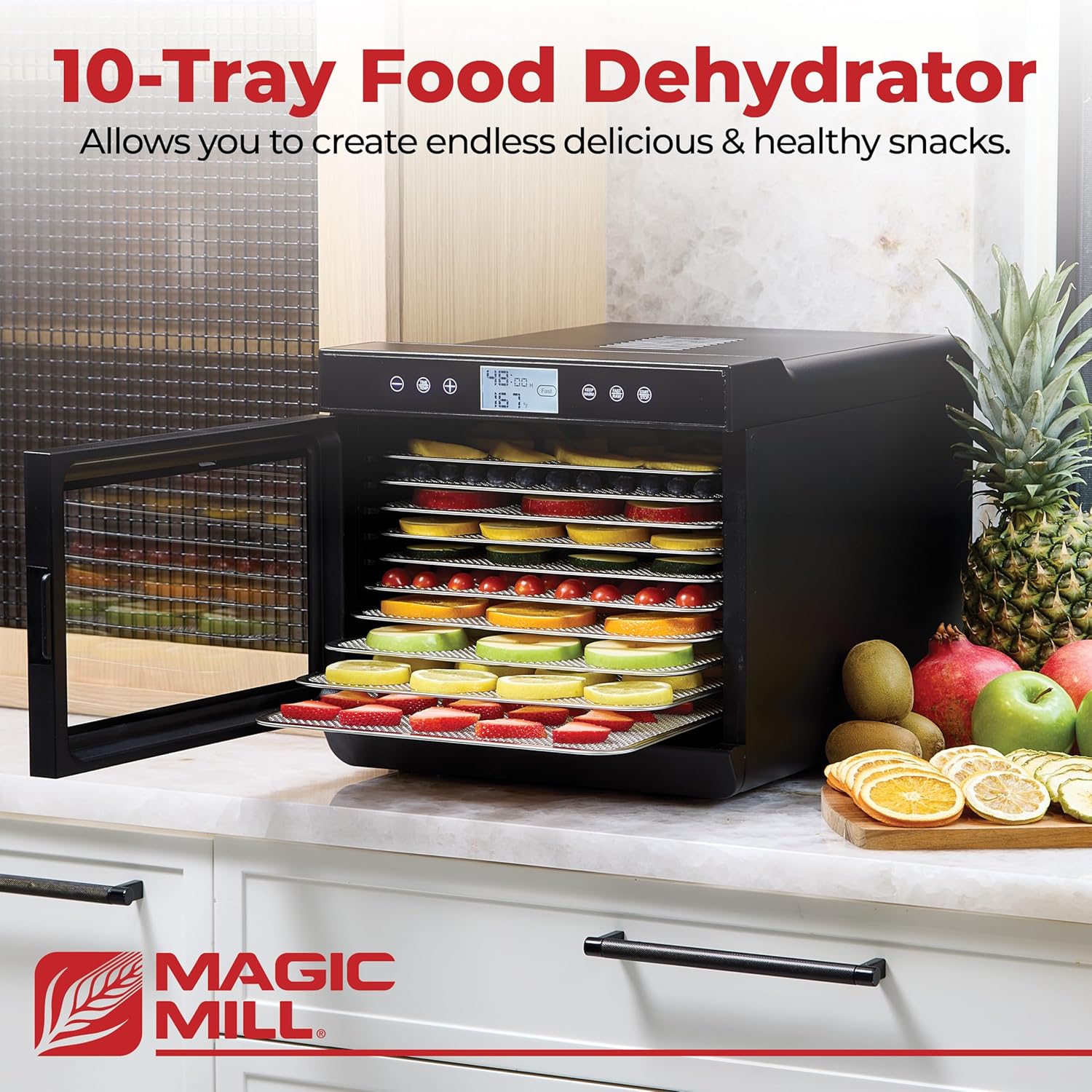 Magic Mill Premium Food Dehydrator Machine (10 Extra-Large Stainless Steel Trays) 700W Dryer for Beef Jerky, Fruits, Vegetables, Dog Treats, 48 Hour Digital Timer - 95°-167° Temperature Control