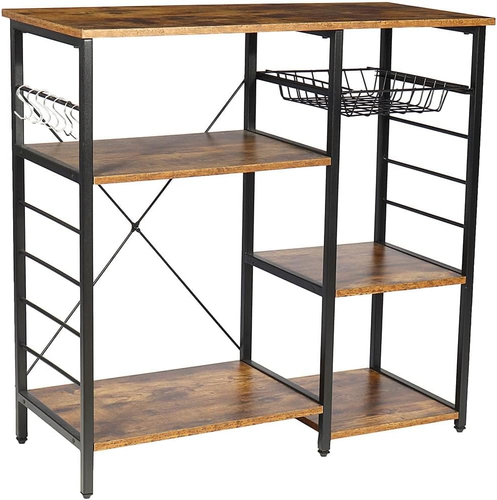 Kitchen Bakers Rack with Storage Shelf Bakers Rack Coffee Bar Table with Wire Basket 7 Hooks Microwave Oven Stand Metal Frame Wood Organizer, Rustic Brown