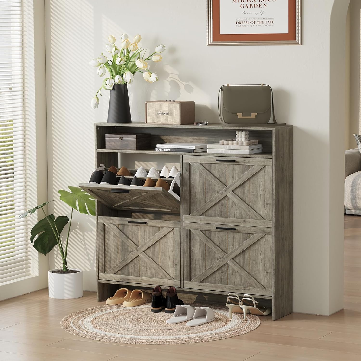 Wooden Shoe Cabinet with 4 Flip Drawers, Narrow Shoe Rack Organizer Cabinet for Classified Storage, Farmhouse Shoe Storage Cabinet for Entryway, Living Room (Grey)