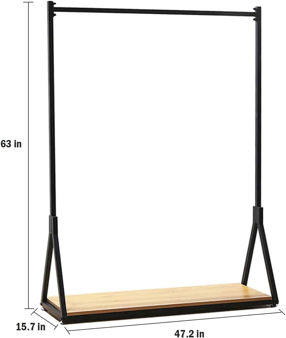 Modern Simple Heavy Duty Metal Rolling Garment Rack with Wheel,Retail Display Clothing Rack with Wood, Single Rod Floor-Standing Hangers Clothes Shelves (Black Square Tube B, 47.2 L)