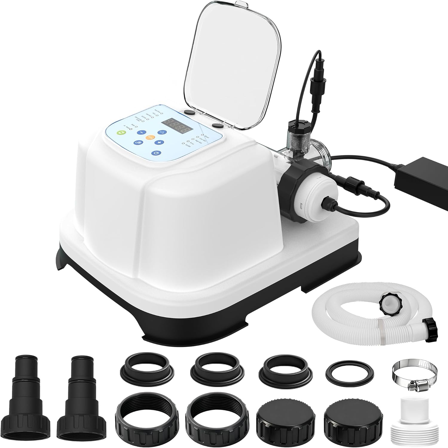 Saltwater Chlorinator for Above Ground Pools, Salt Water Pool System for up to 15000 Gallons, Self-Cleaning Salt Chlorine Generator, with Auto/AI Modes, Adapters and Test Strip Included