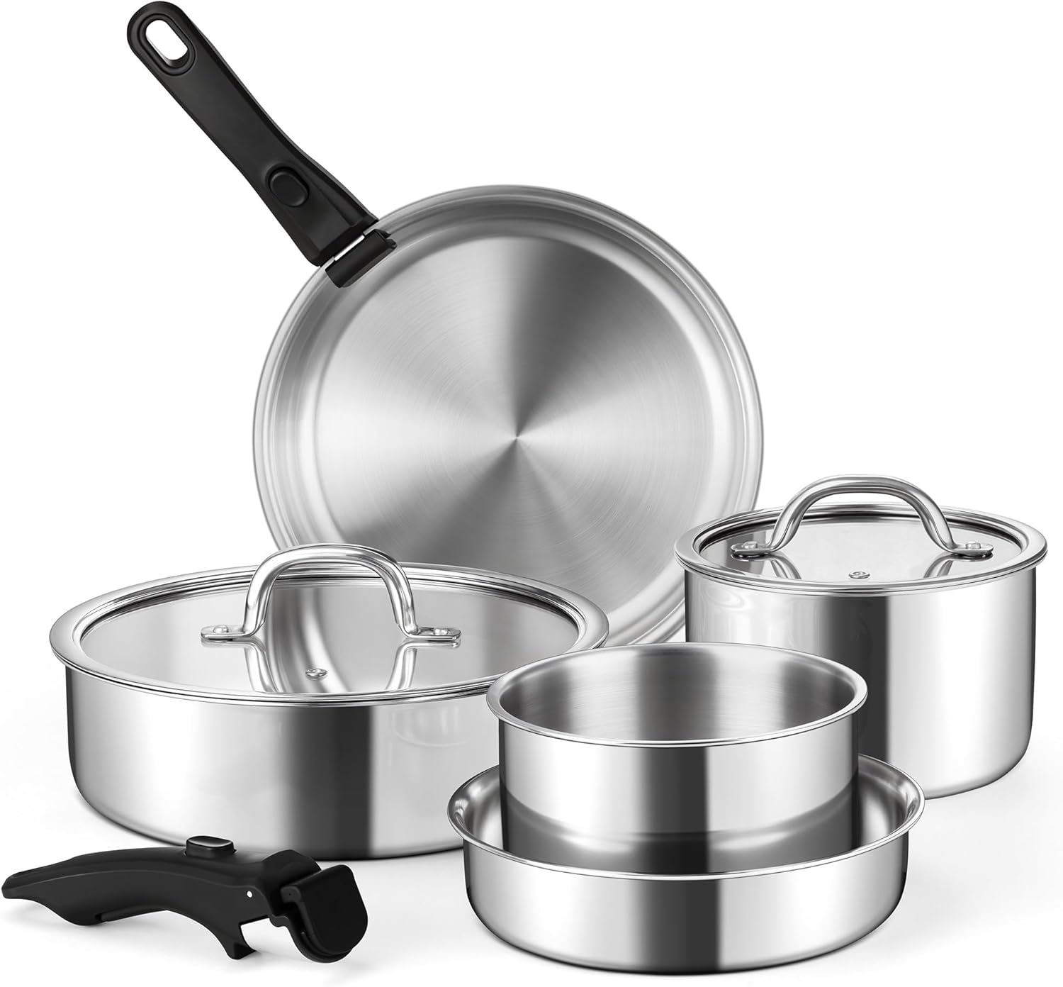 E-far 9pcs Stainless Steel Cookware Set, 3-Ply Pots and Pans Set w/Detachable Handle & Lid, Induction Cookware Kitchen Cooking Set for RV Camping, Nontoxic Whole Clad Frying/Saute/Sauce Pan, Oven Safe