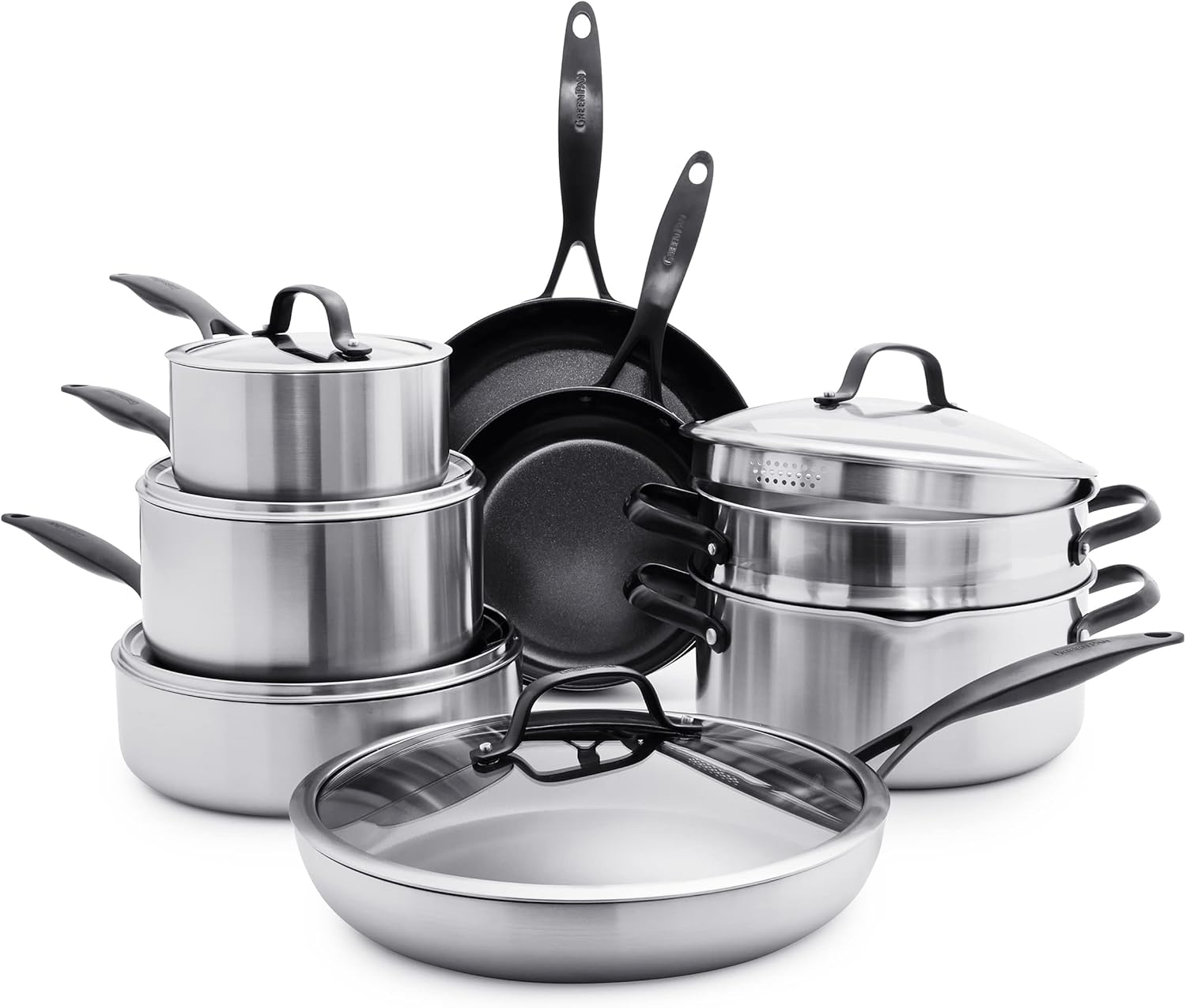 GreenPan Venice Pro Noir Tri-Ply Stainless Steel Healthy Ceramic Nonstick 13 Piece Cookware Pots and Pans Set, Matte Black Handle, PFAS-Free, Multi Clad, Induction, Dishwasher Safe, Oven Safe, Silver