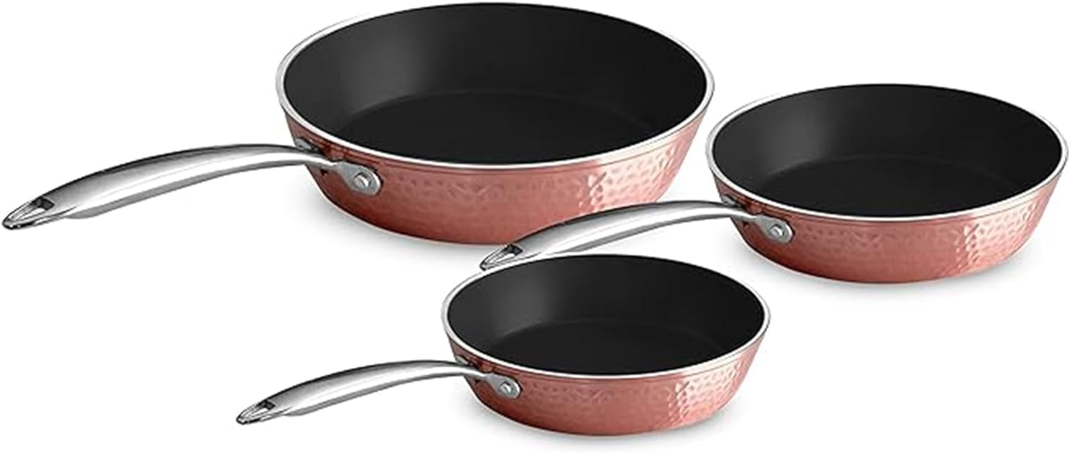 Luxurious Non-Stick Ceramic 3 Piece Rose Gold Cookware Set, Lightweight, Scratch-Resistant, Dishwasher Safe, Oven Safe up to 500°F, Suitable for All Stove Types