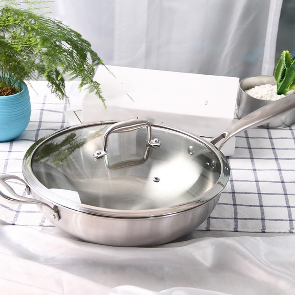 304 Stainless Steel Flat Bottom Wok Household Less Lampblack Non-stick Pan Cooker