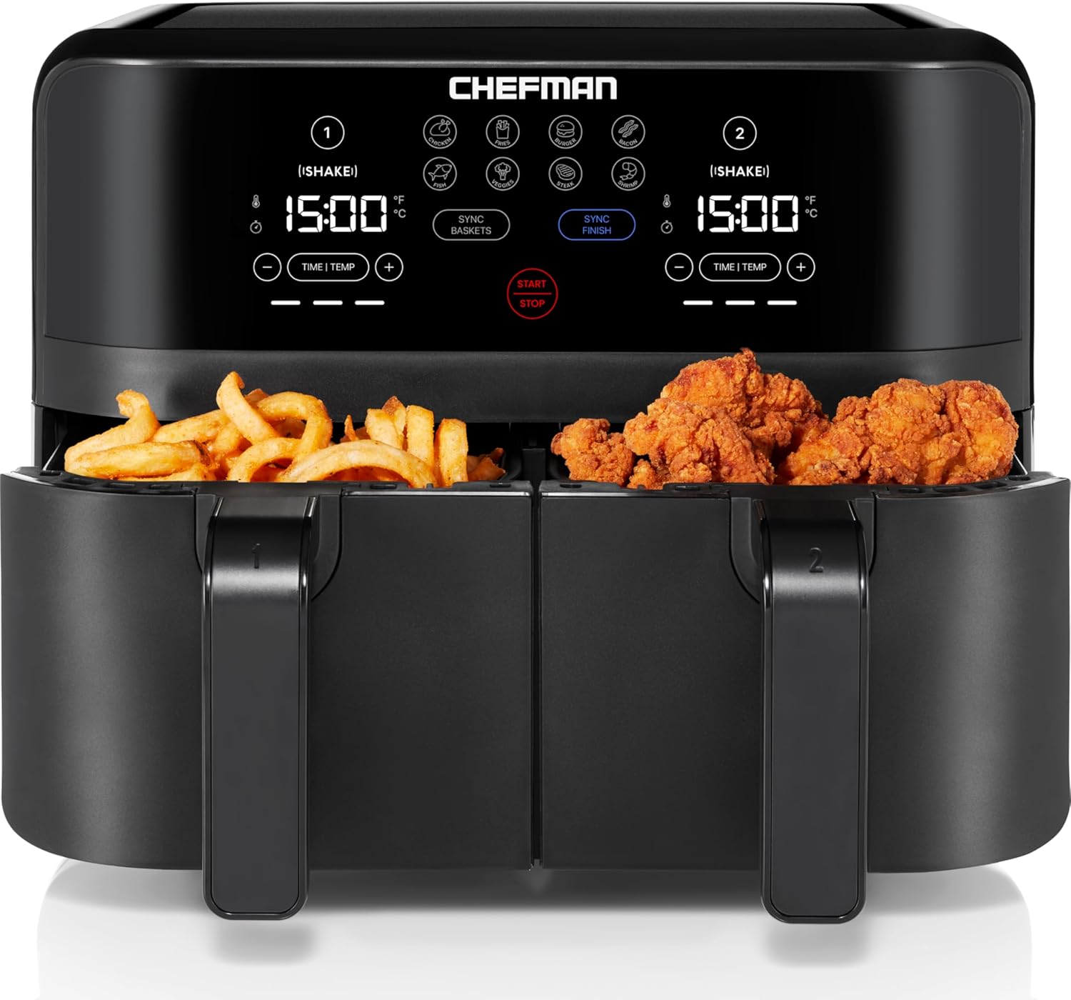 Chefman 6 Quart Dual Basket Air Fryer - Digital Touchscreen, Smart Sync Finish, Hi-Fry, Auto Shutoff, 2 Independent 3QT Nonstick Dishwasher-Safe Frying Baskets - Digital Double Air Fryer - Black