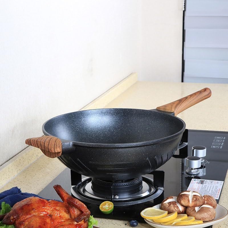 The Hybrid Non-Stick Wok Non-stick Flat-bottomed Household Iron Cooking Wok Less Fumes Wood Handle Family kitchen