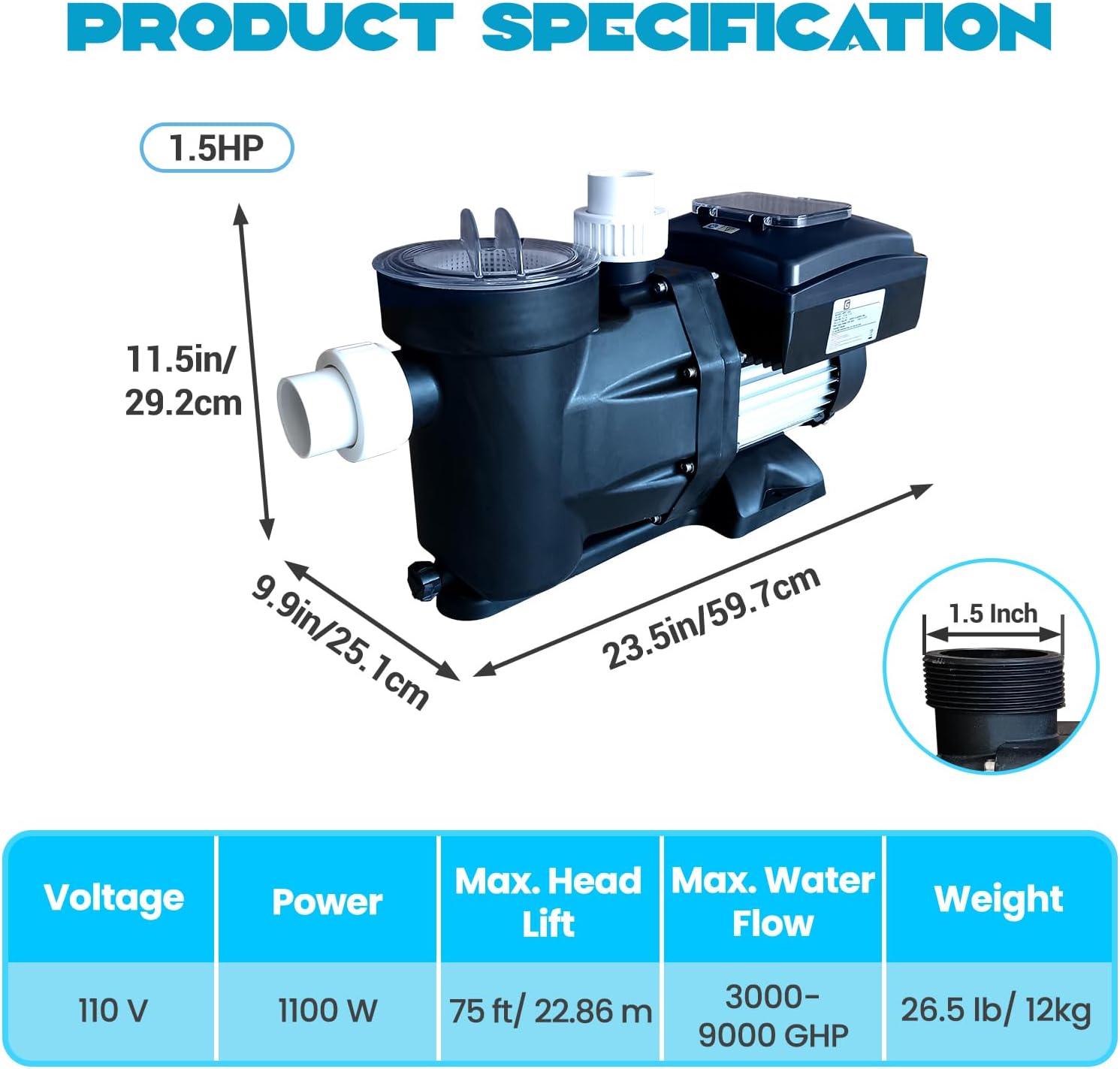 1.5HP Above/In Ground Pool Pump – Variable Speed 3000-9000 GPH, 110V Self-Priming Pump with 1100W Powerful Copper Motor, Quiet Operation, and Control Screen