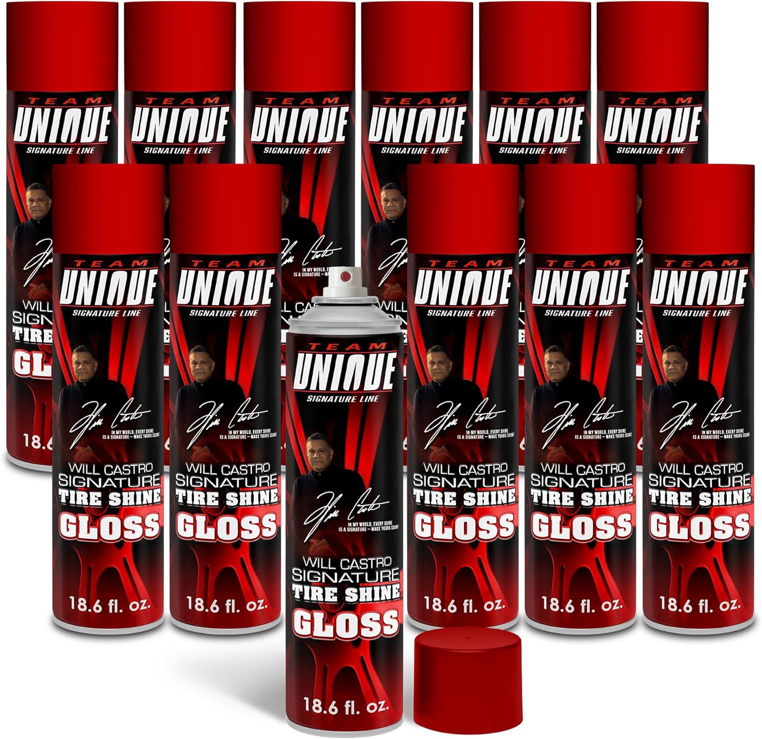 Team Unique Tire Shine Gloss – 18.6 Fl Oz (550mL) Pack of 12 | High-Gloss Formula for Ultimate Tire Shine | Protects Against Cracking and Fading | Non-Greasy, Low-Sling Spray for Easy Application