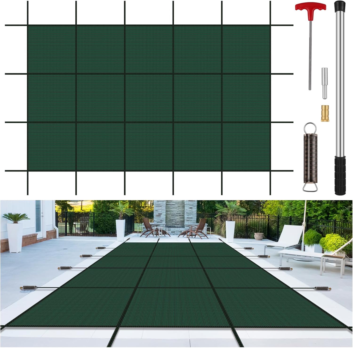 Inground Pool Cover Safety Fits 16x32ft Rectangle Swimming Pool, Mesh Solid Pool Cover for Inground Pools,Winter Pool Safety Cover Includes Safety Net and Installation Tools Green