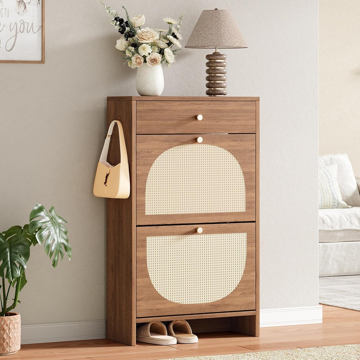 Nicetree Shoe Storage Organizer with 2 Flip Drawers and 1 Drawer, Freestanding Fluted Accent Narrow Shoe Rack, Farmhouse Shoe Cabinet with 3-Tier Adjustable Shelves for Hallway Foyer Rustic