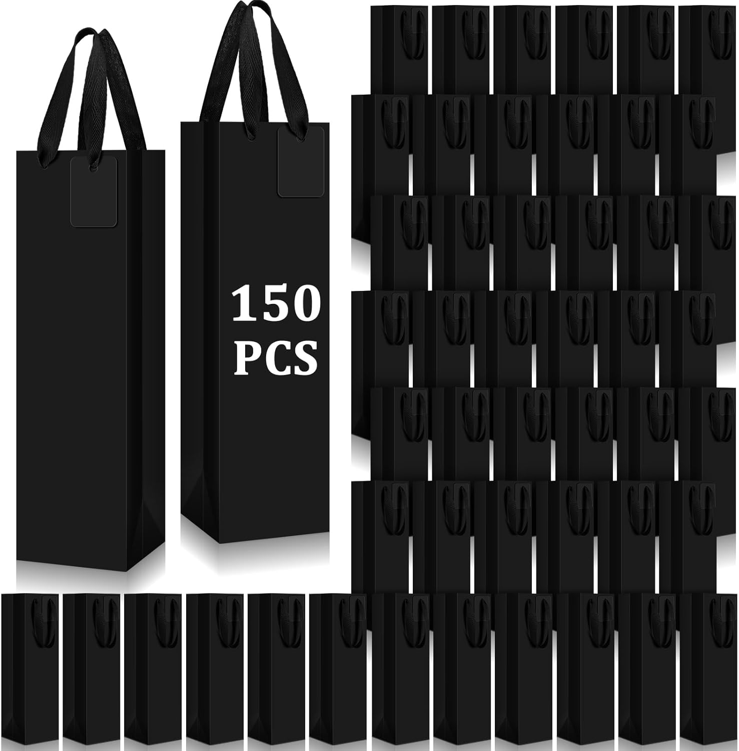 Windyun Paper Wine Gift Bags Bulk with Handle Reusable Small 13.8x3.5x3.9 Inches Liquor Bottle Totes with DIY Blank Thank You Tags for Birthday Wedding Christmas Holiday Party(150 Pack,Black)
