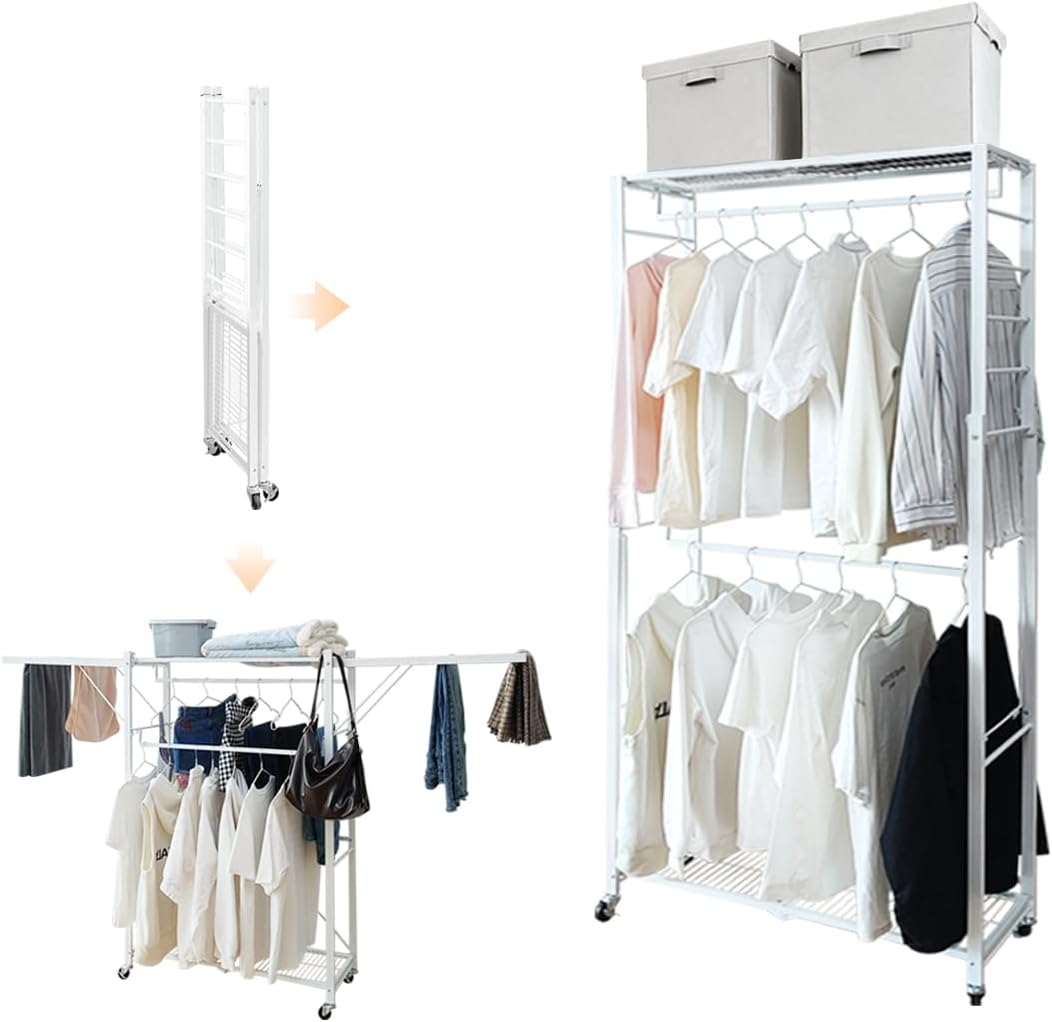 lumizone Folding Clothing Rack with Wheels Expandable Wardrobe Portable Clothes Rack for Hanging Clothes Adjustable Closet Shelves Garment Rack Durable Closet Racks for Hanging Clothes (Pro White)