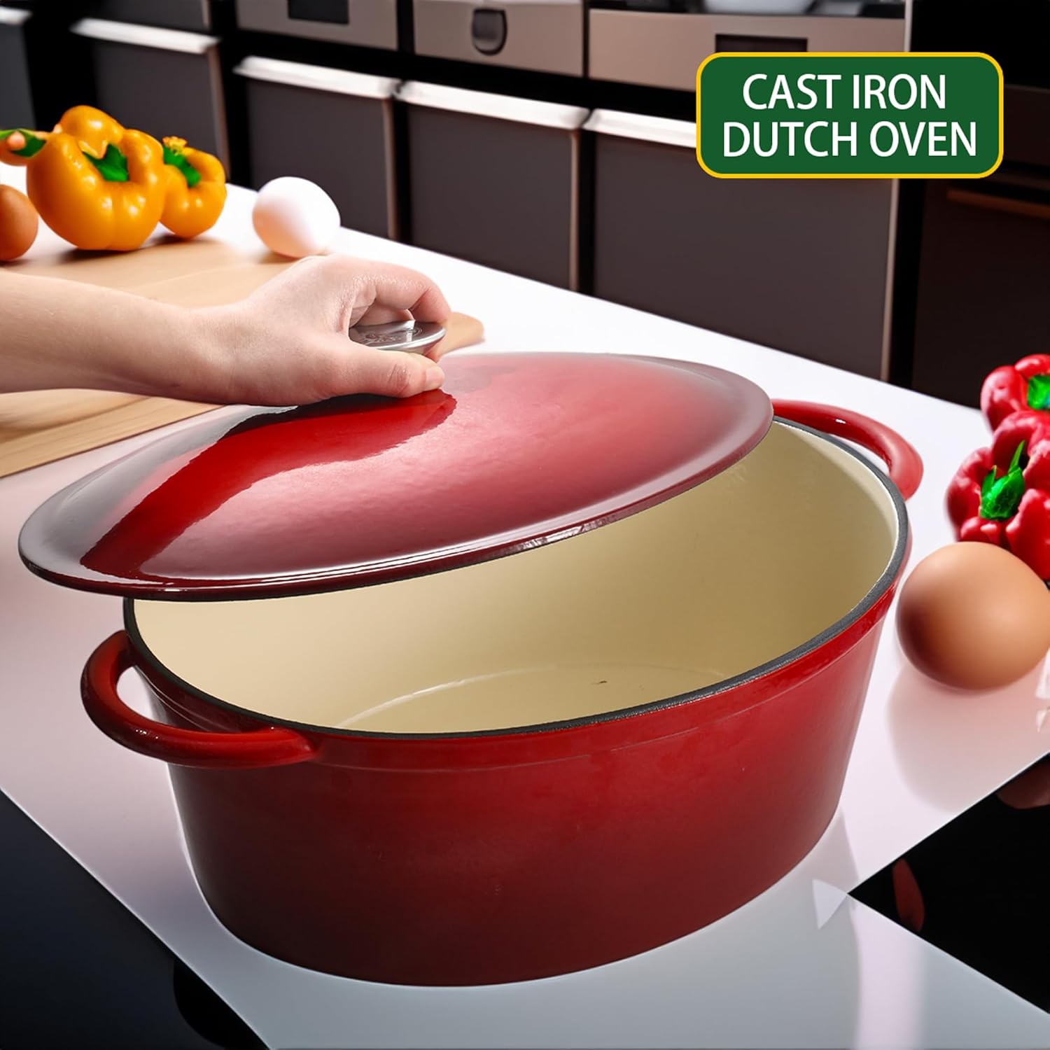 Vivicreate 9.6 QT enamel cast iron dutch oven, red gradient color,cast iron pot (9.6 QT)