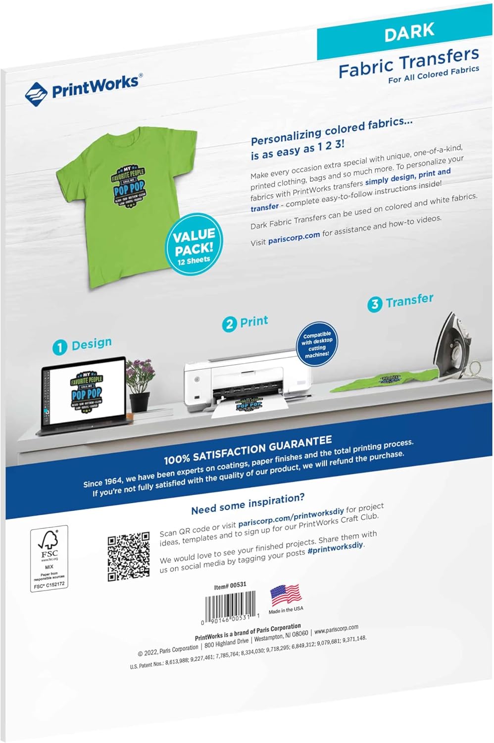 PrintWorks Iron on Heat Transfer Paper for Inkjet Printer - Printable Heat Transfer Vinyl for Dark Fabric (Printable HTV) - 8.5