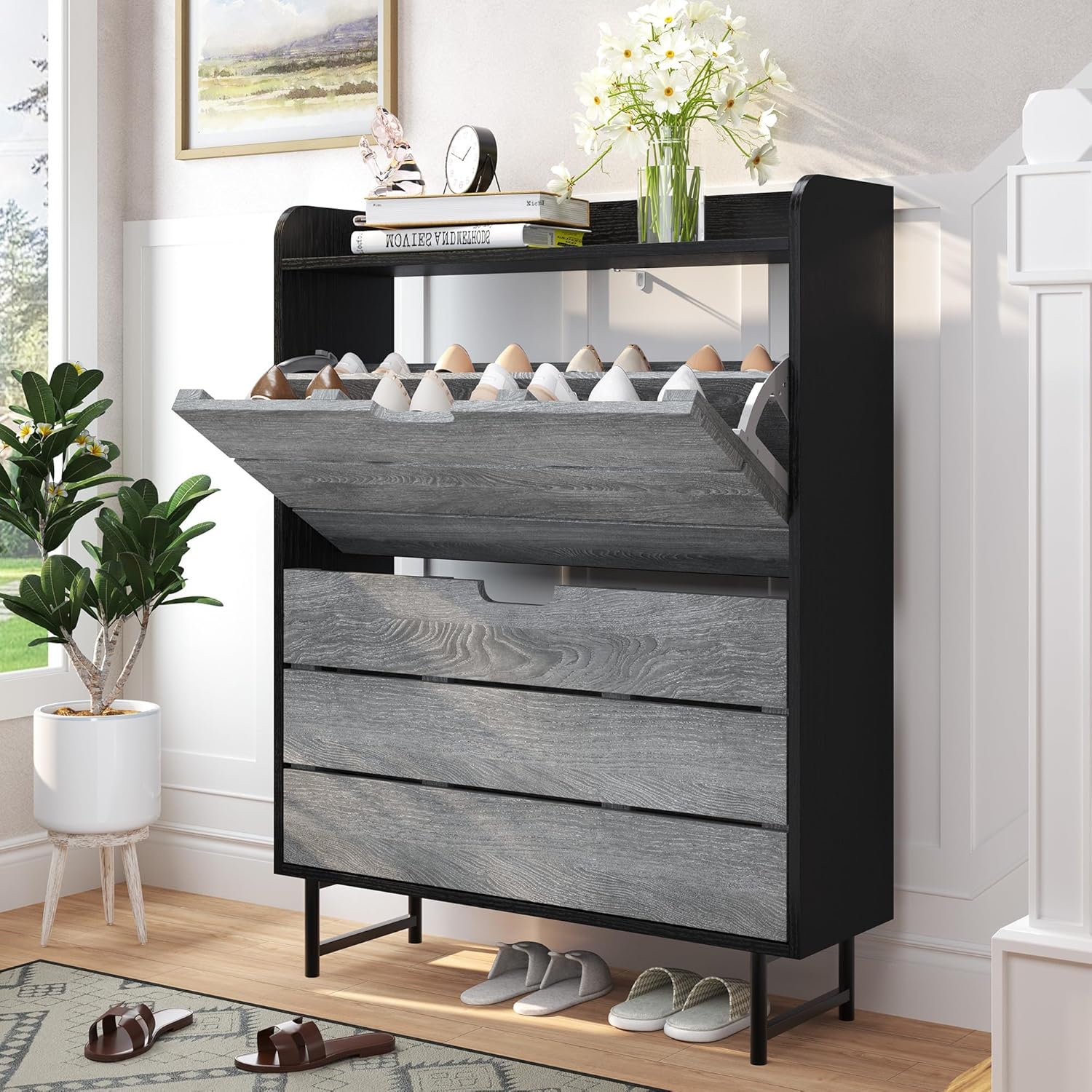 Shoe Storage Cabinet with 2 Flip Drawers, Wooden Shoe Rack Organizer Cabinet with Adjustable Shelf, Narrow Shoe Cabinet for Entryway, Hallway, Living Room (Grey)